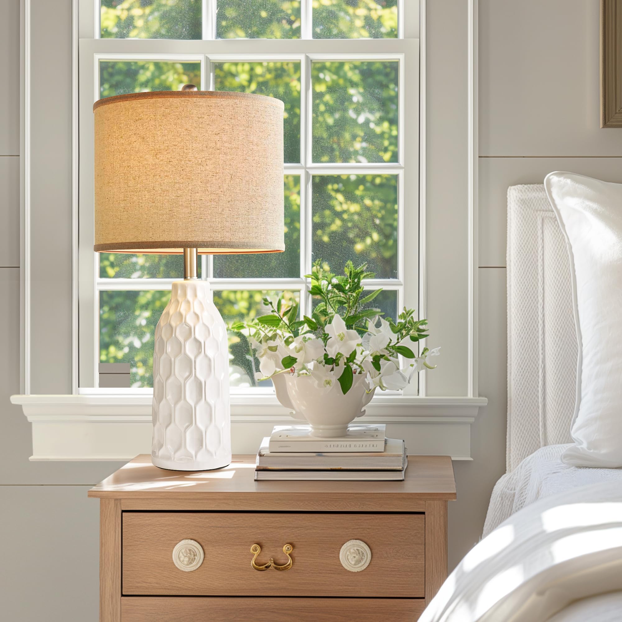 Bzzmmb White Ceramic Table Lamps Set Of 2, 26.8&quot; Modern Nightstand Lighting, Bulb Not Included