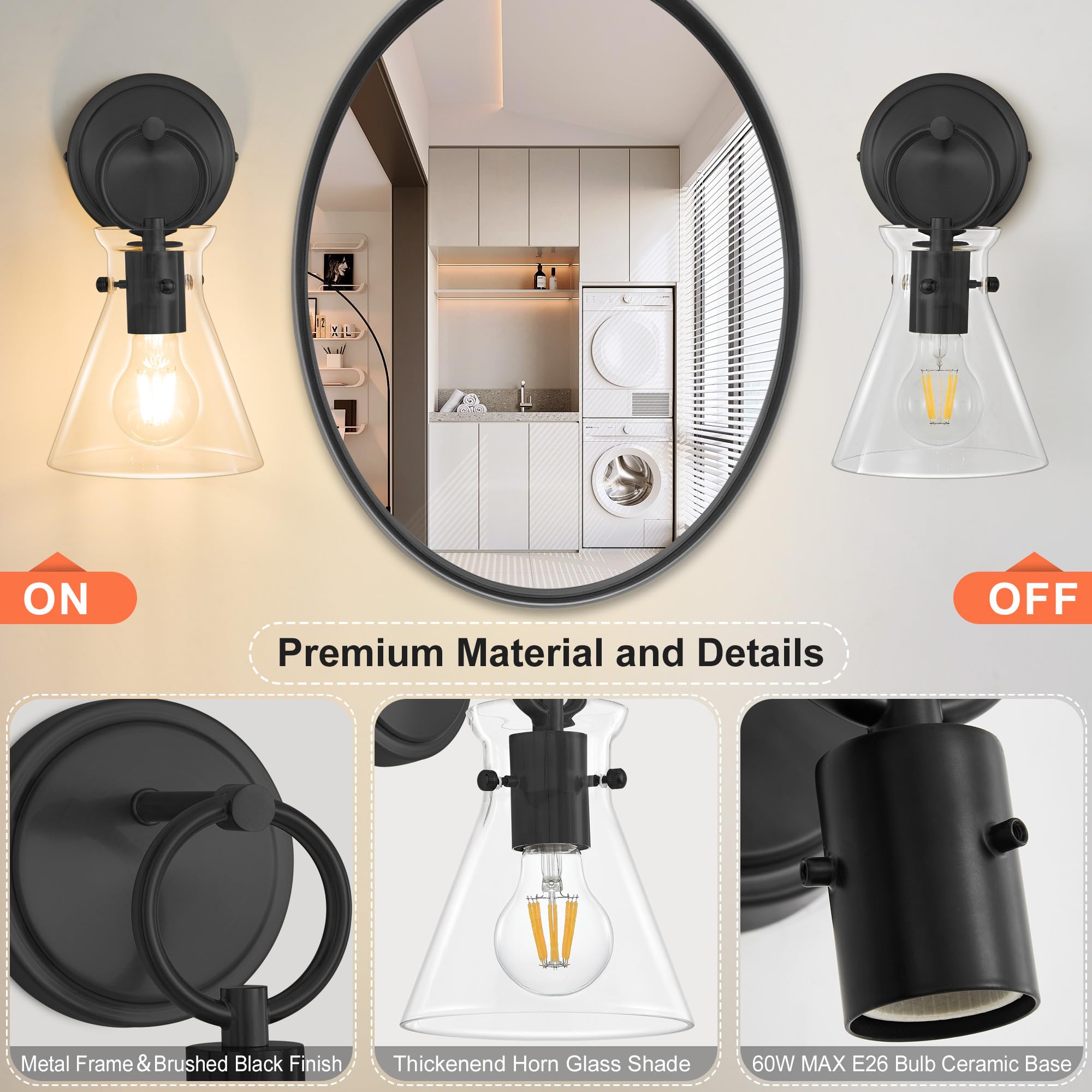 Gednbo Wall Sconces Set Of 2 Modern Vanity Light Fixtures For Bathroom Black Wall Mount Lighting Lamp Hardwired Farmhouse Wall Lights With 6 Inch Clear Glass Shade For Bedroom Living Room Mirror