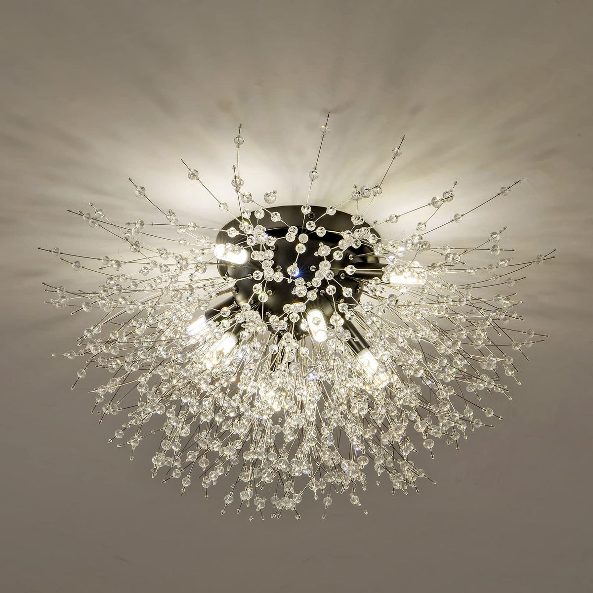 Sputnik Flush Mount Ceiling Light Fixtures, Modern Black Crystal Firework Chandelier, 8-Light Close To Ceiling Lighting Fixtures For Bedroom Kitchen Hallway Entryway(H11.8'' X W21.5'')