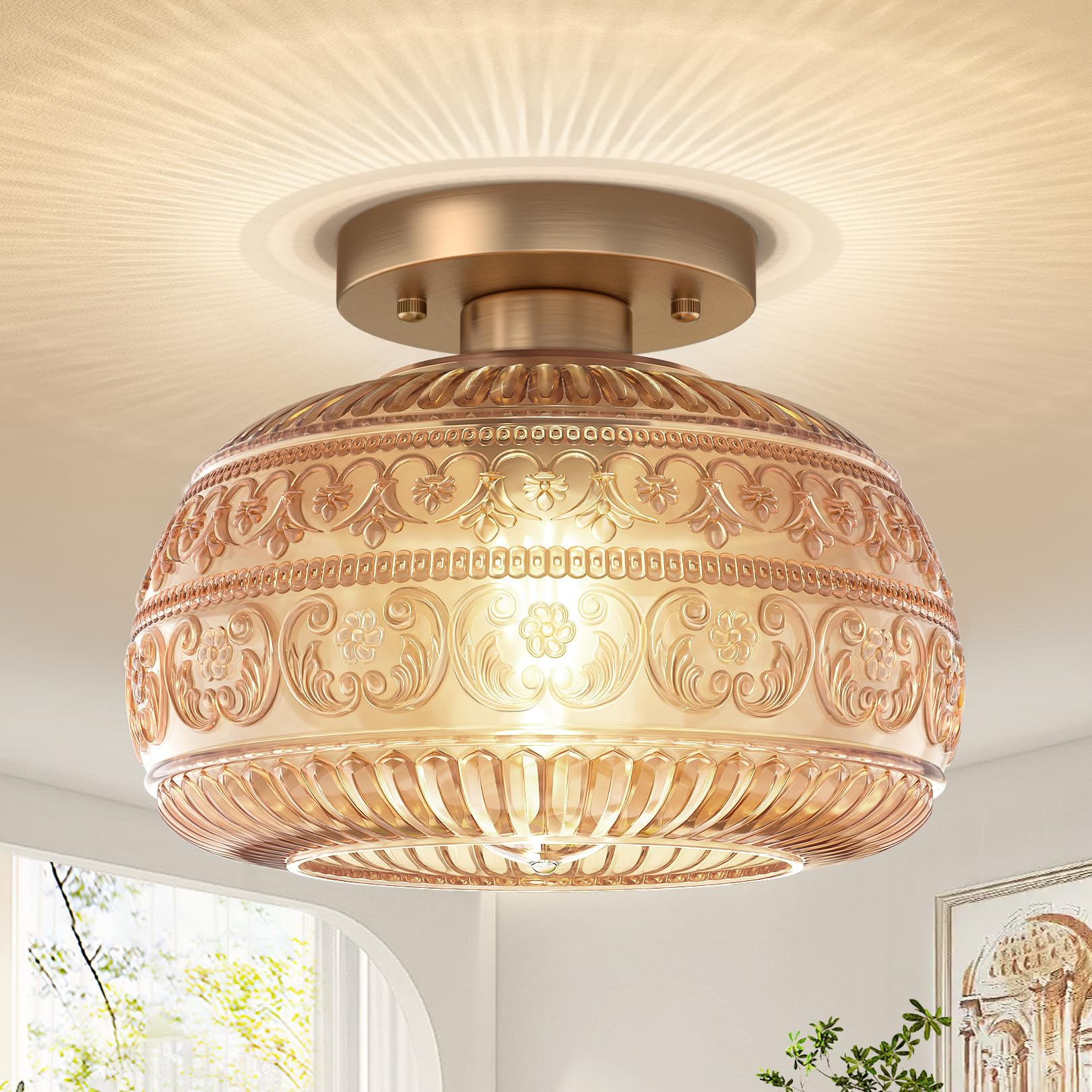 Oykyohei Amber Glass Semi Flush Mount Ceiling Light Fixture For Kitchen, Hallway, Bedroom