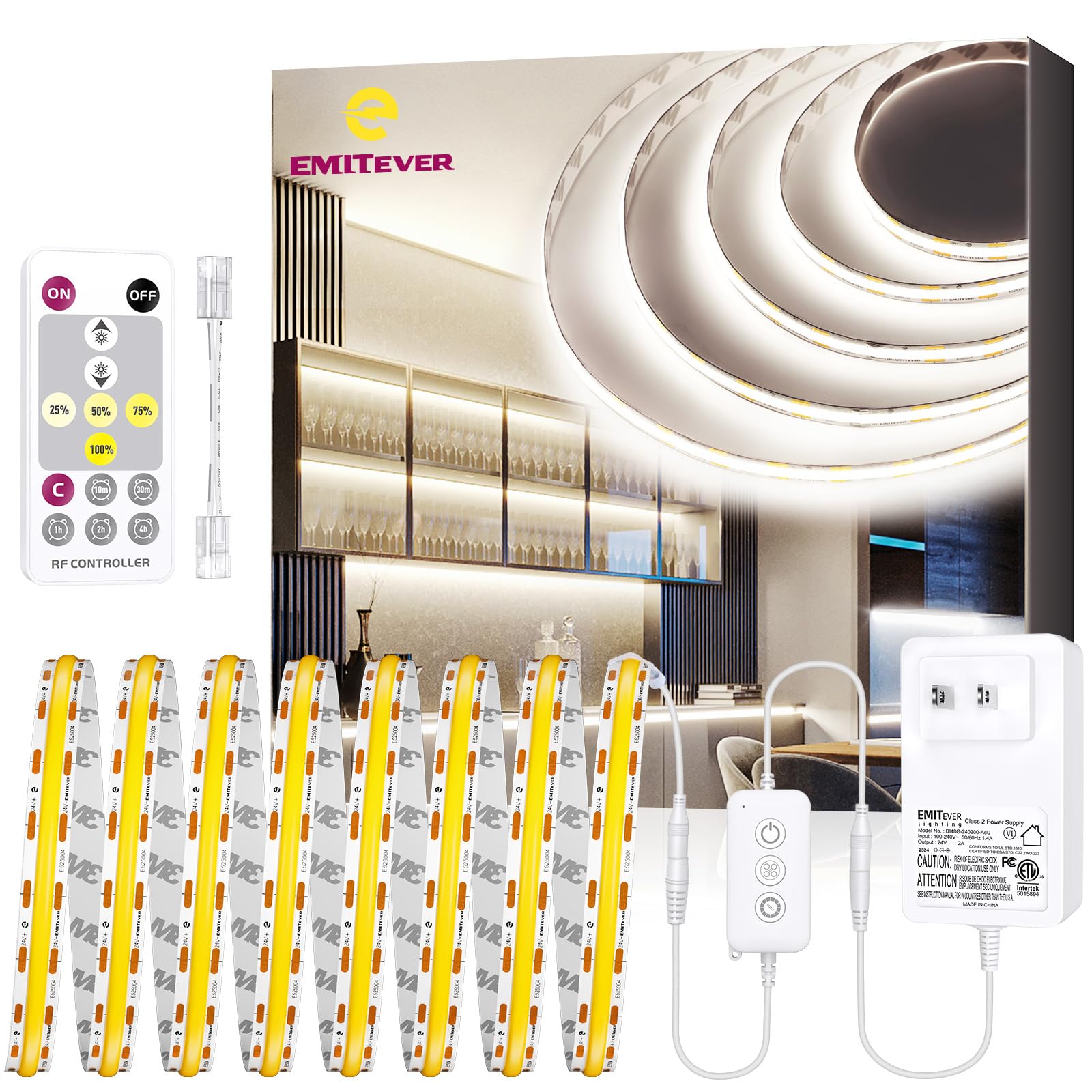 EMITEVER COB LED Strip Lights Kit, 16.4ft Dimmable 4000K, 2400 LEDs, Model FN-FC-480-24, Remote & 24V