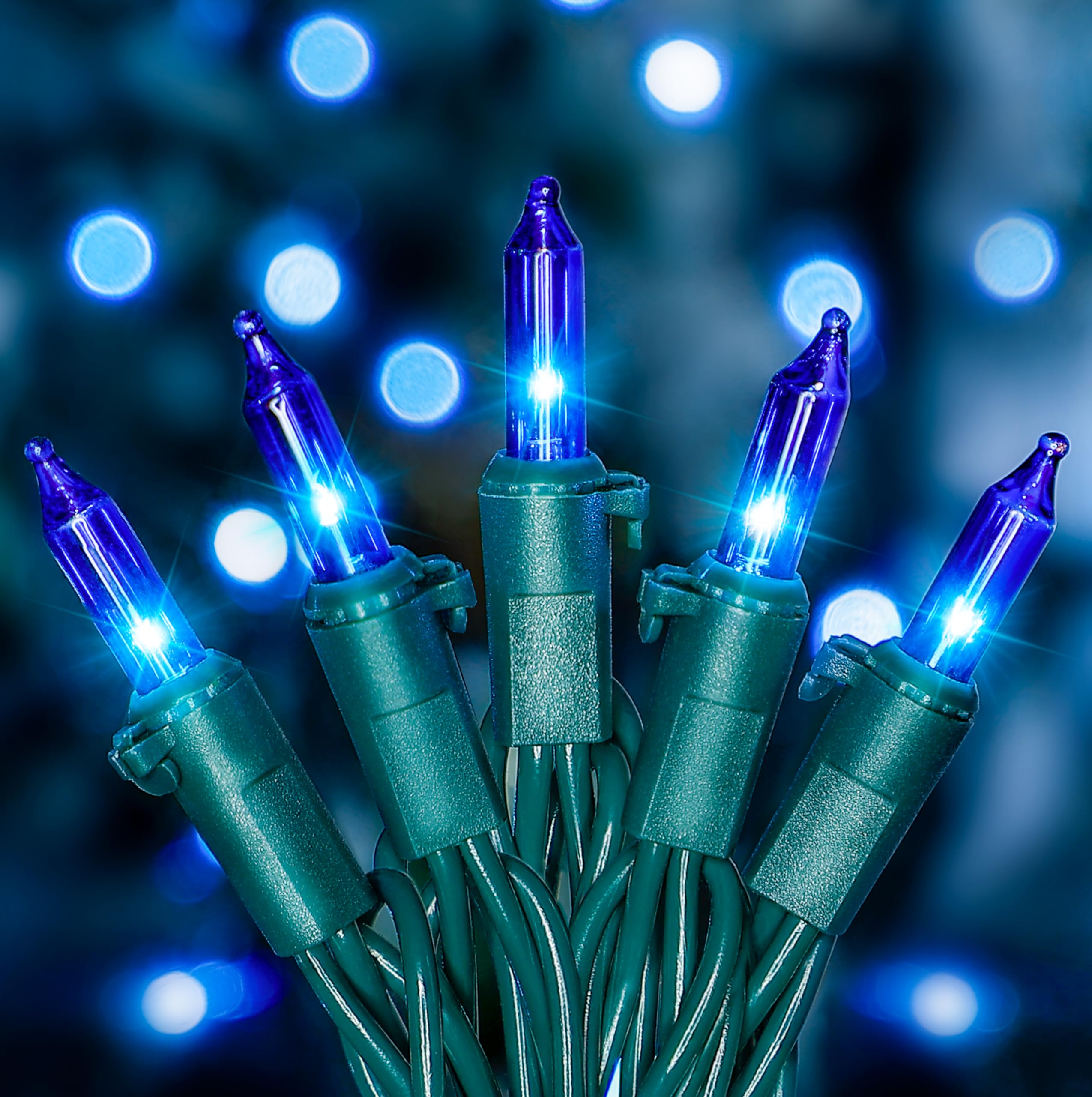 HEYFUNi Christmas String Lights, 50 Count, Blue Incandescent, 13Ft Green Wire, Indoor/Outdoor Holiday Decoration