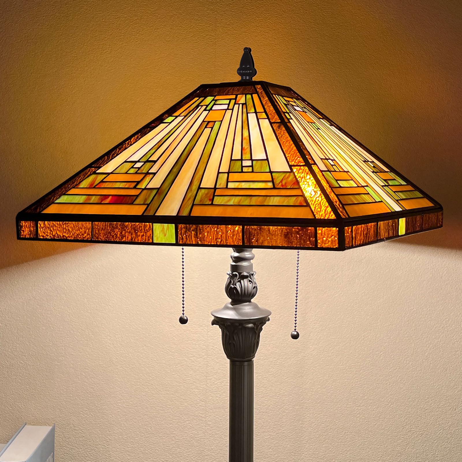 Capulina Tiffany Floor Lamp 2-Light 16X16X63 Inches Amber Brown Mission Antique Style Stained Glass Standing Reading Light for L