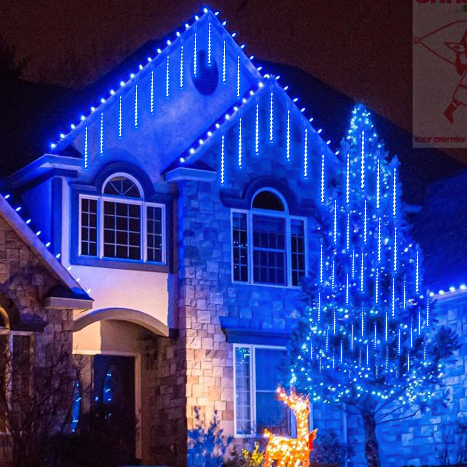 YIQU Christmas Lights Outdoor, 16 Tubes 384 LED Meteor Shower Lights, 2 Pack, Blue, Perfect for Holiday Decorations
