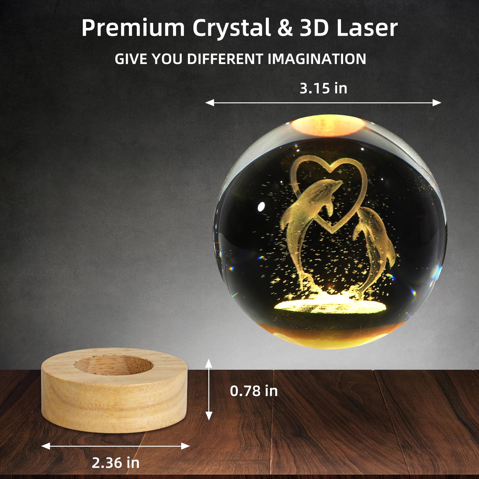 Zxblaq 3D Dolphin Crystal Ball Night Light, Upgraded 3.15 Inch Glass Ball Lamp With 16 Color Led Wooden Base, Dolphin Decor Birt