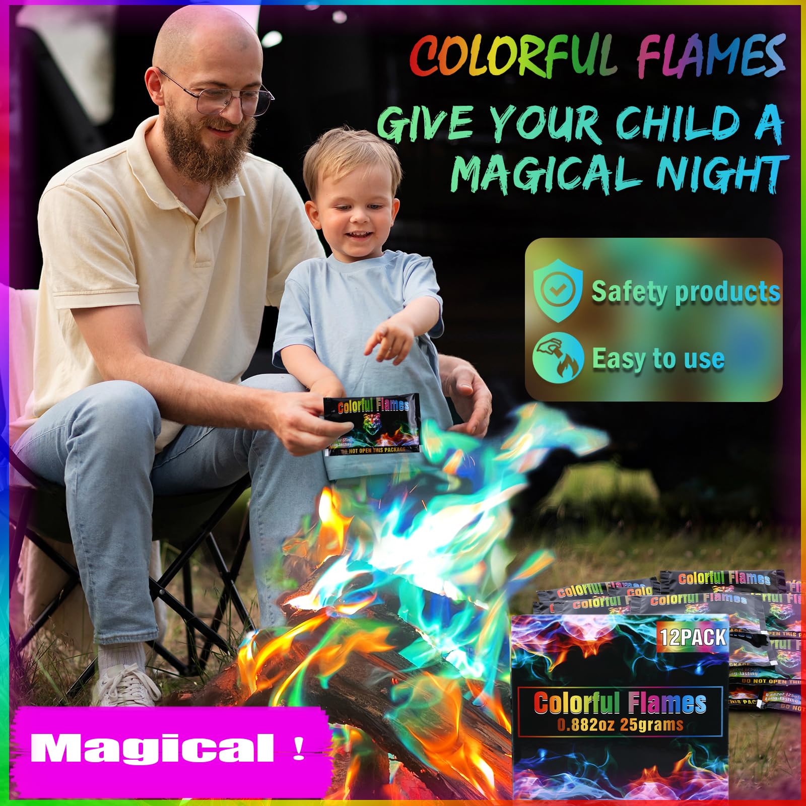 Navona Fire Color Changing Packets - 12 Pack for Campfires, Fire Pits, Colorful Flames, Long Burn Time, Safe Magic for Kids