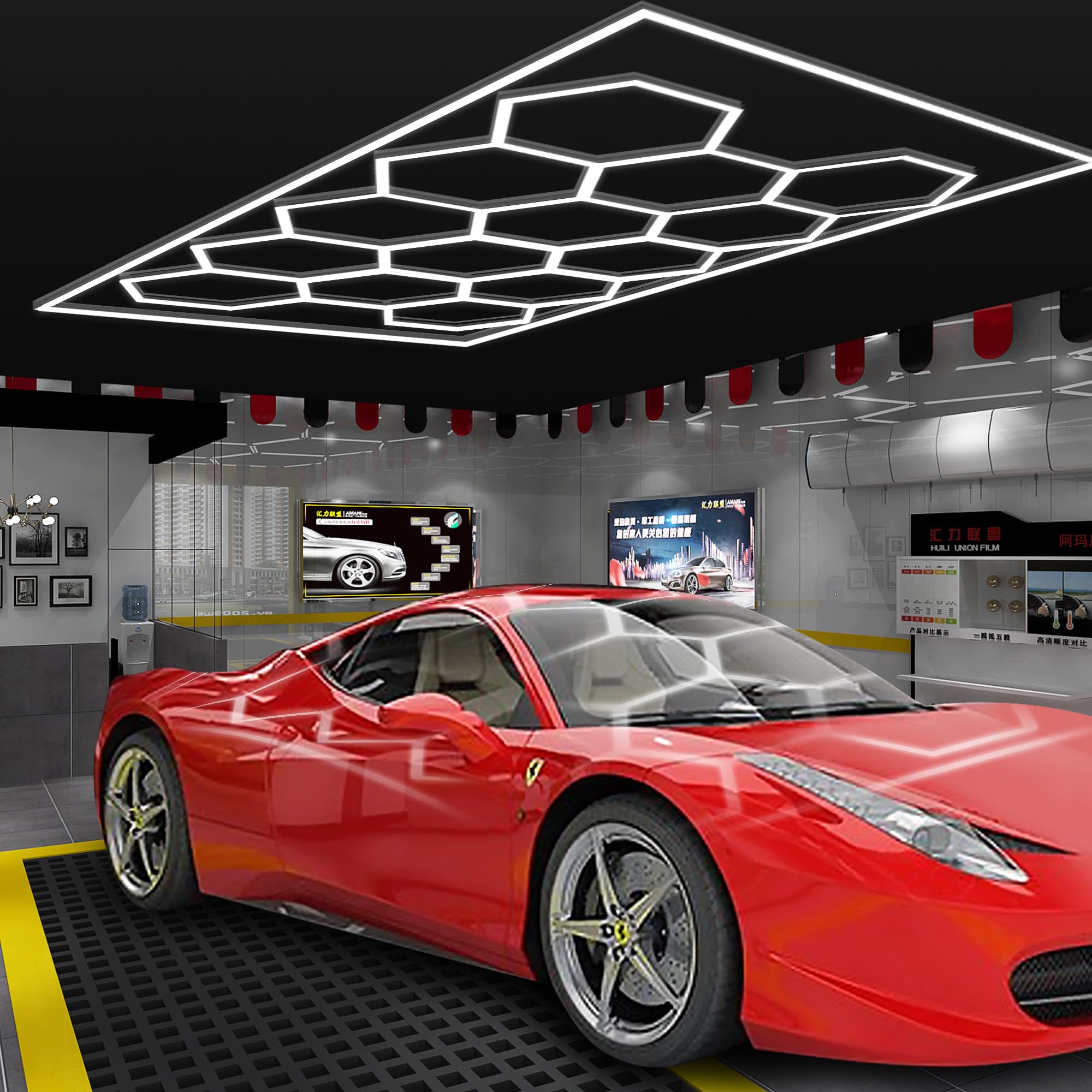MODERN Hexagon Lights Garage 14 Grid Systems 86400LM 720W Polycarbonate White 190.2inL x 95.7inW x 1.4inH Model NEW-DK