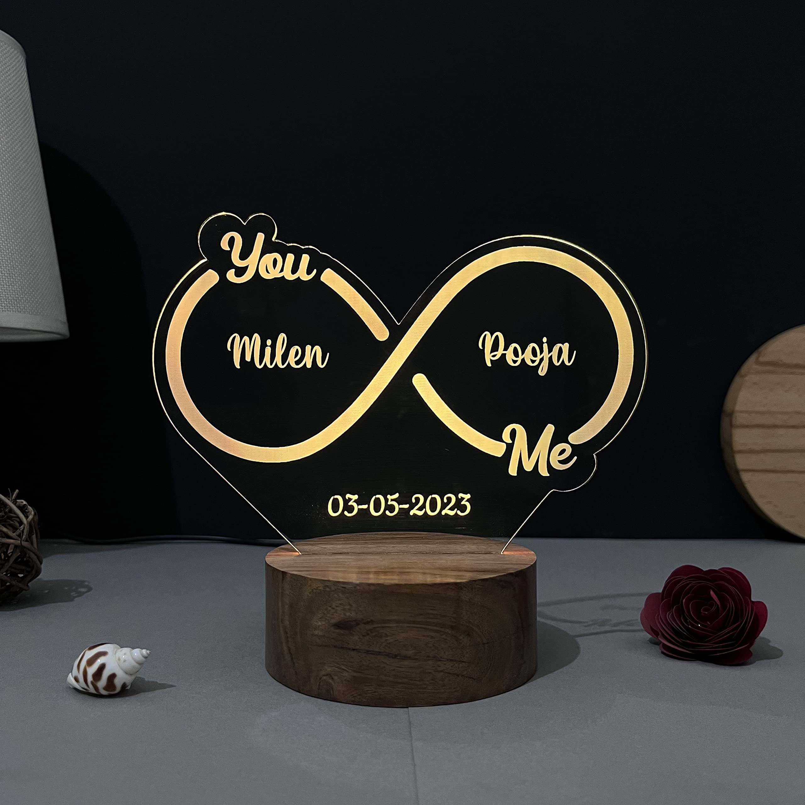 WOWOOD Wood Anniversary Gift For Couple Wedding Gift Lamp Love Night Light (Infinity Design Multicolor), LED