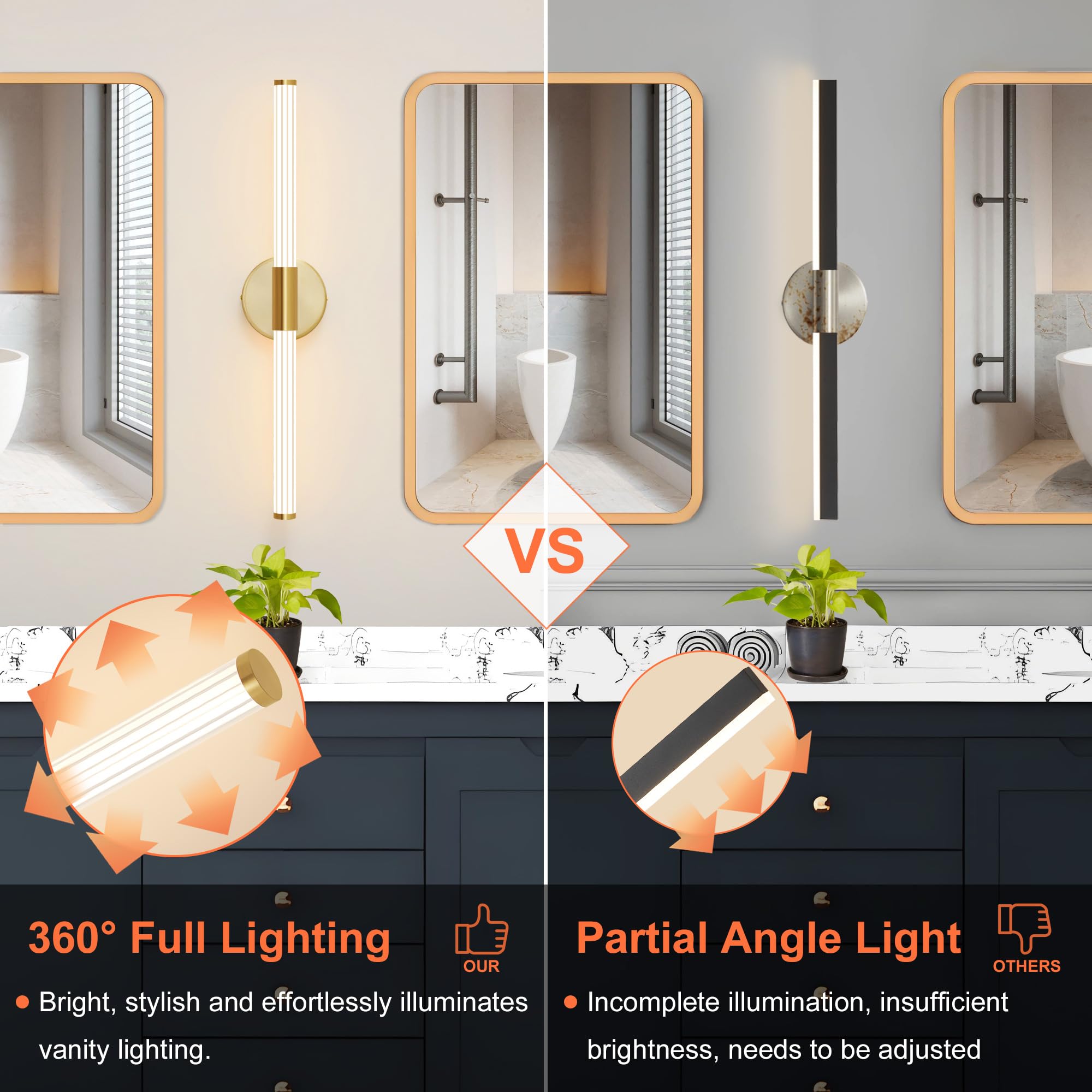 Gold Wall Sconces Set Of Two Hardwired  Dimmable 5Cct Led Bathroom Light Fixtures Over Mirror  360 Full Lighting 23 Inch Vanity Light Bar Modern Wall Sconce For Bathroom Bedroom Living Room