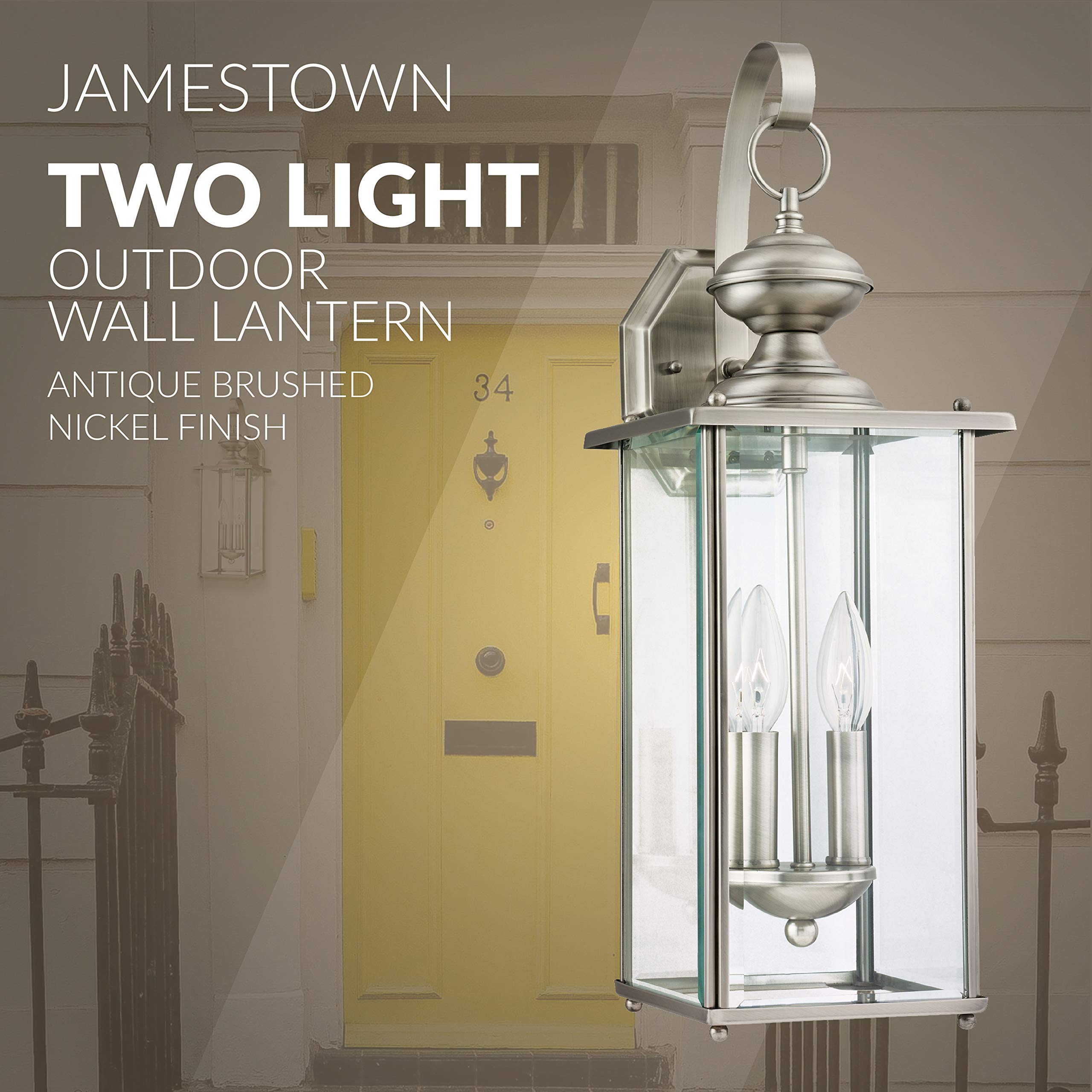 Sea Gull Lighting Jamestowne Two-Light Outdoor Wall Lantern, Antique Brushed Nickel Finish, Silver, Model 8468-965