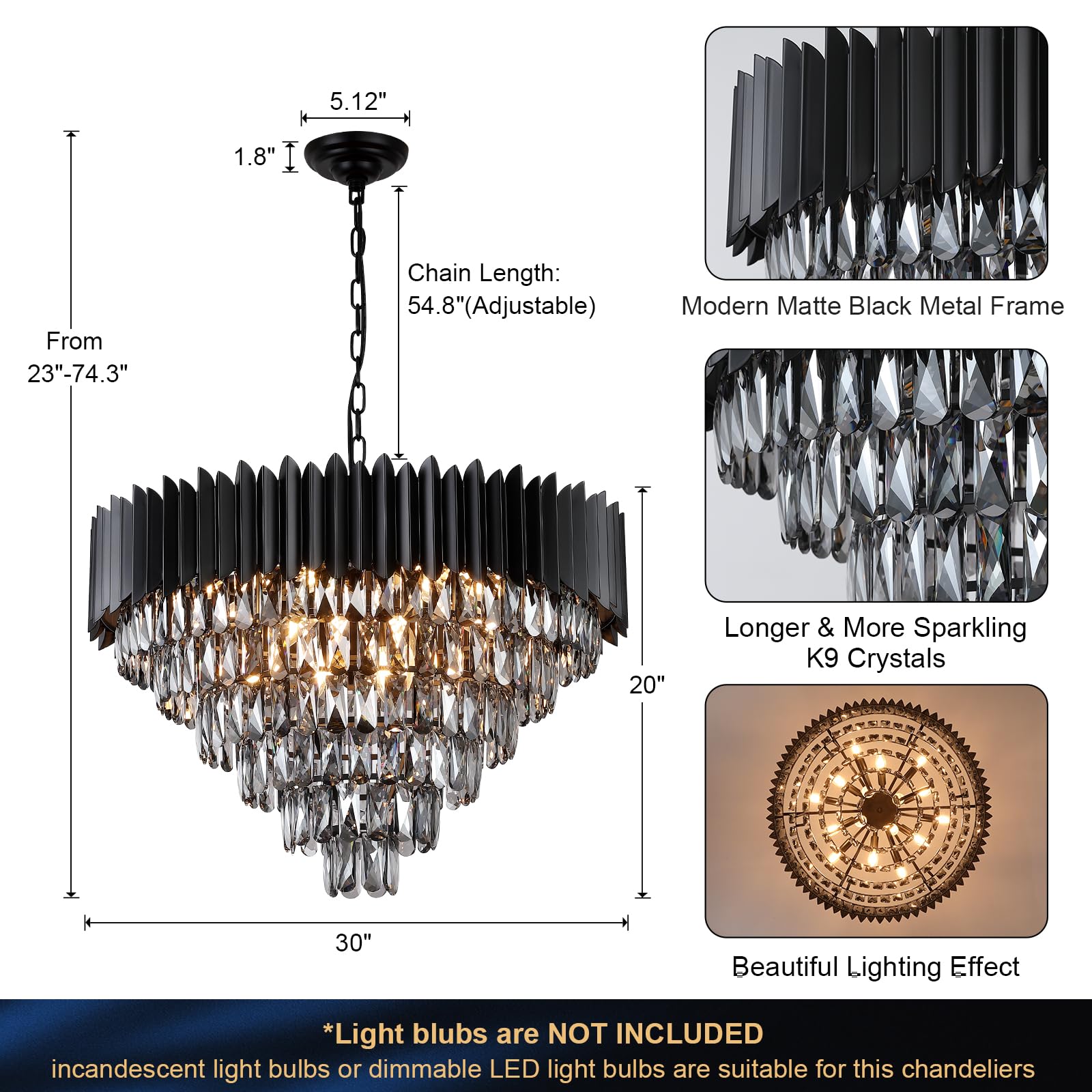 A AXILIXI 30'' Large Black Crystal Chandelier, 16 Lights, 6-Tier Smoke K9 Pendant Light for Foyer, Dining Room, Living Room, Bedroom