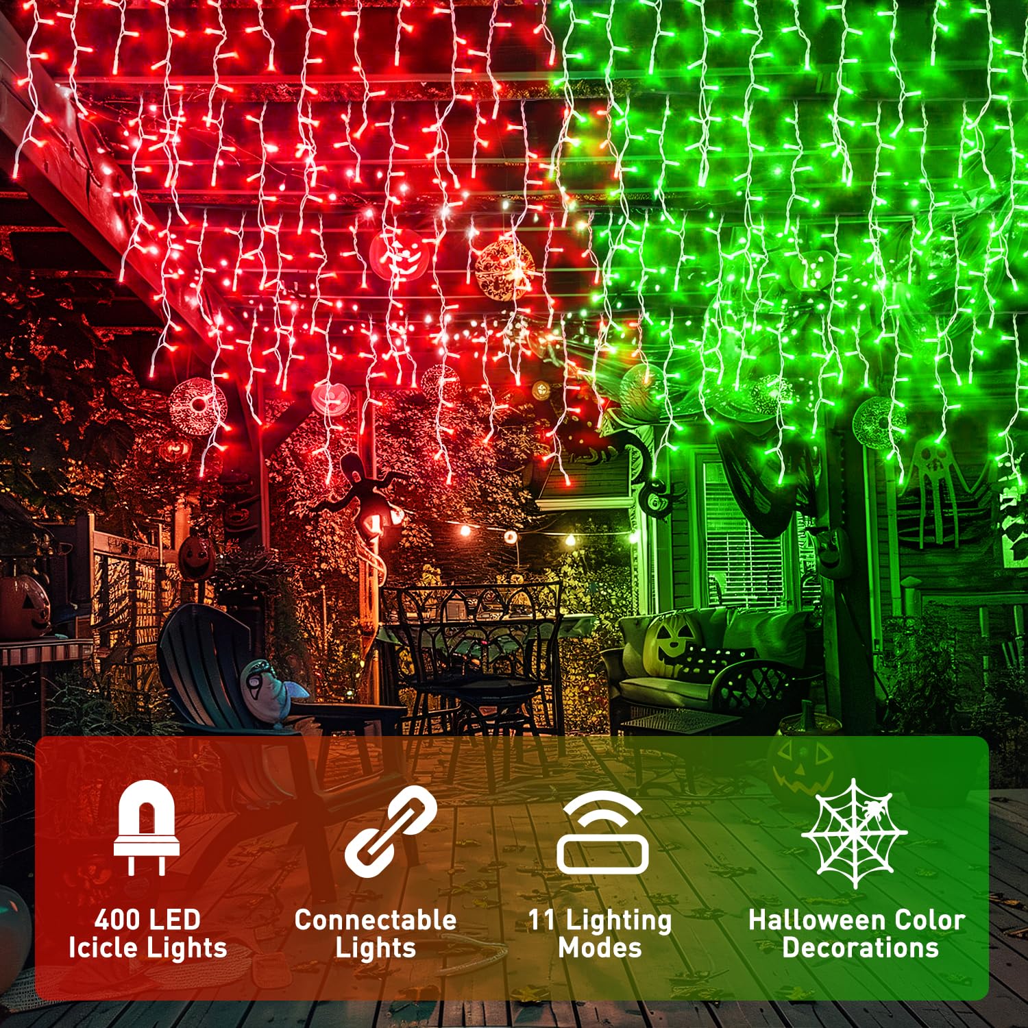 JMEXSUSS 400 LED Icicle Lights, Red & Green, Clear Wire, 11 Modes, Model EXS-I-0400-R, Outdoor Christmas & Halloween Decorations