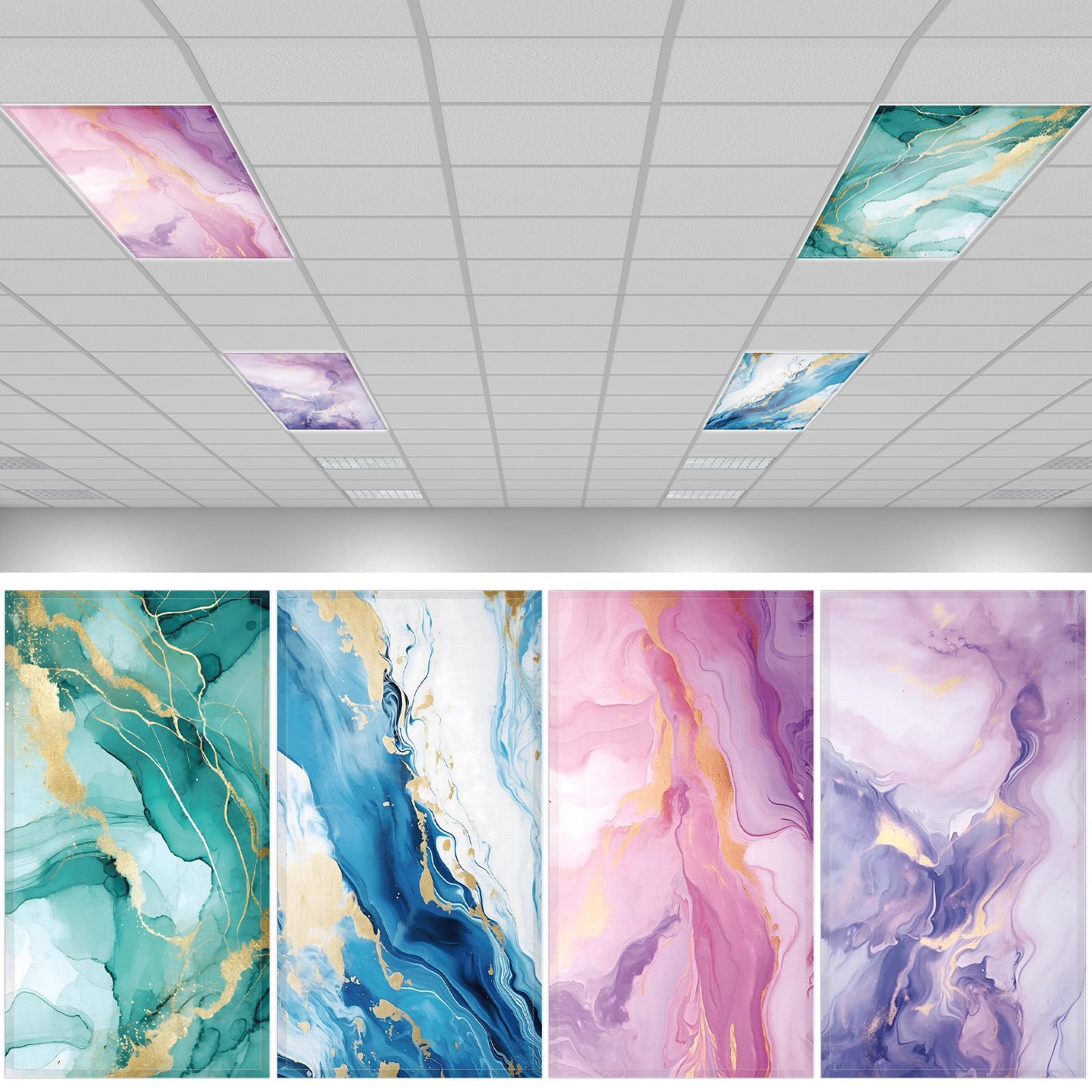 QOUBAI 4PCS Fluorescent Light Covers  4x2 Feet Magnetic Light Cover Fluorescent Lights Shade Panel Positive Inspirational Ceiling Lights Filters for Office Classroom Home Drop Ceiling Marble
