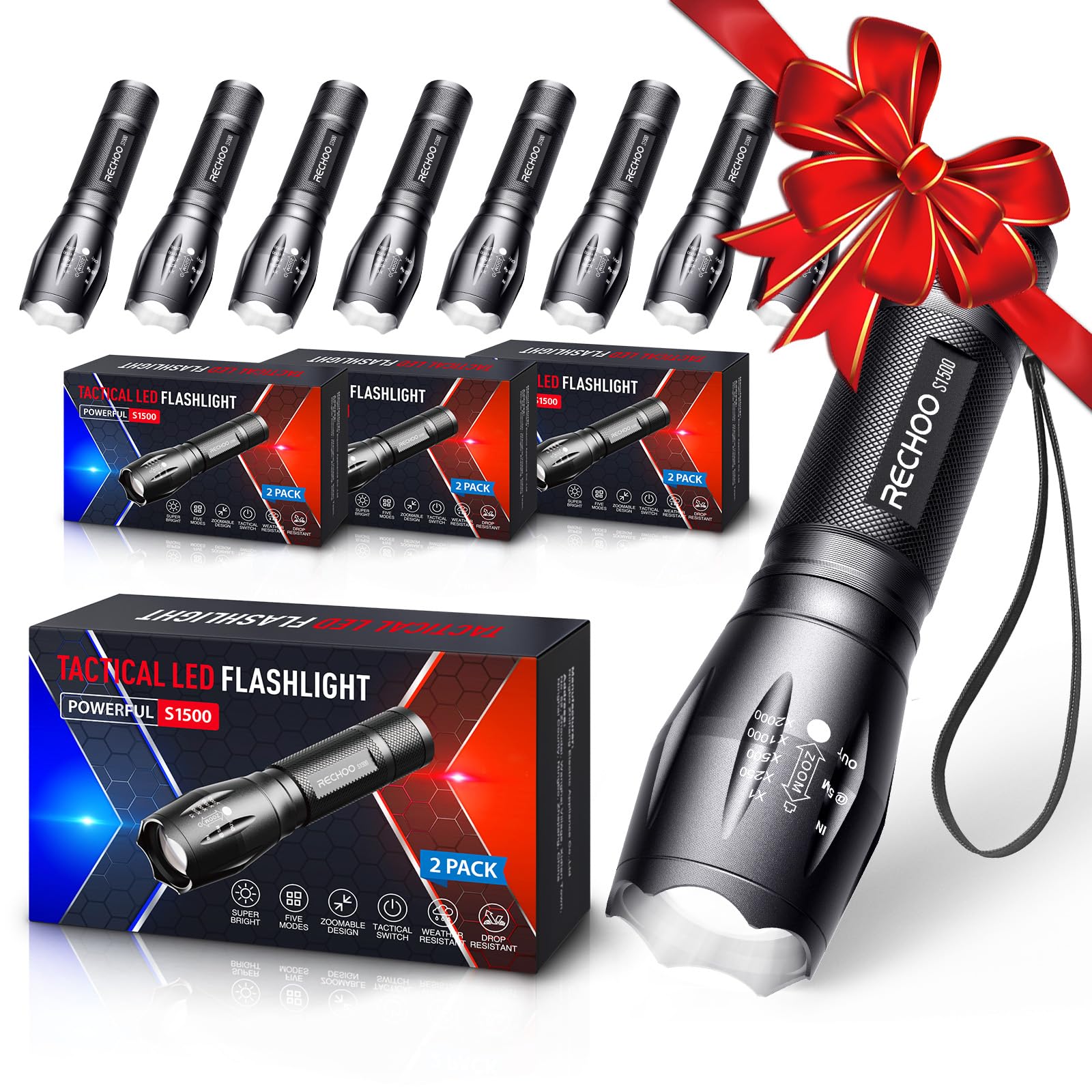 RECHOO 8 Pack LED Flashlight, Bright Powerful Flash Light with 5 Lighting Modes, Small Zoomable Tactical Flashlights High Lumens