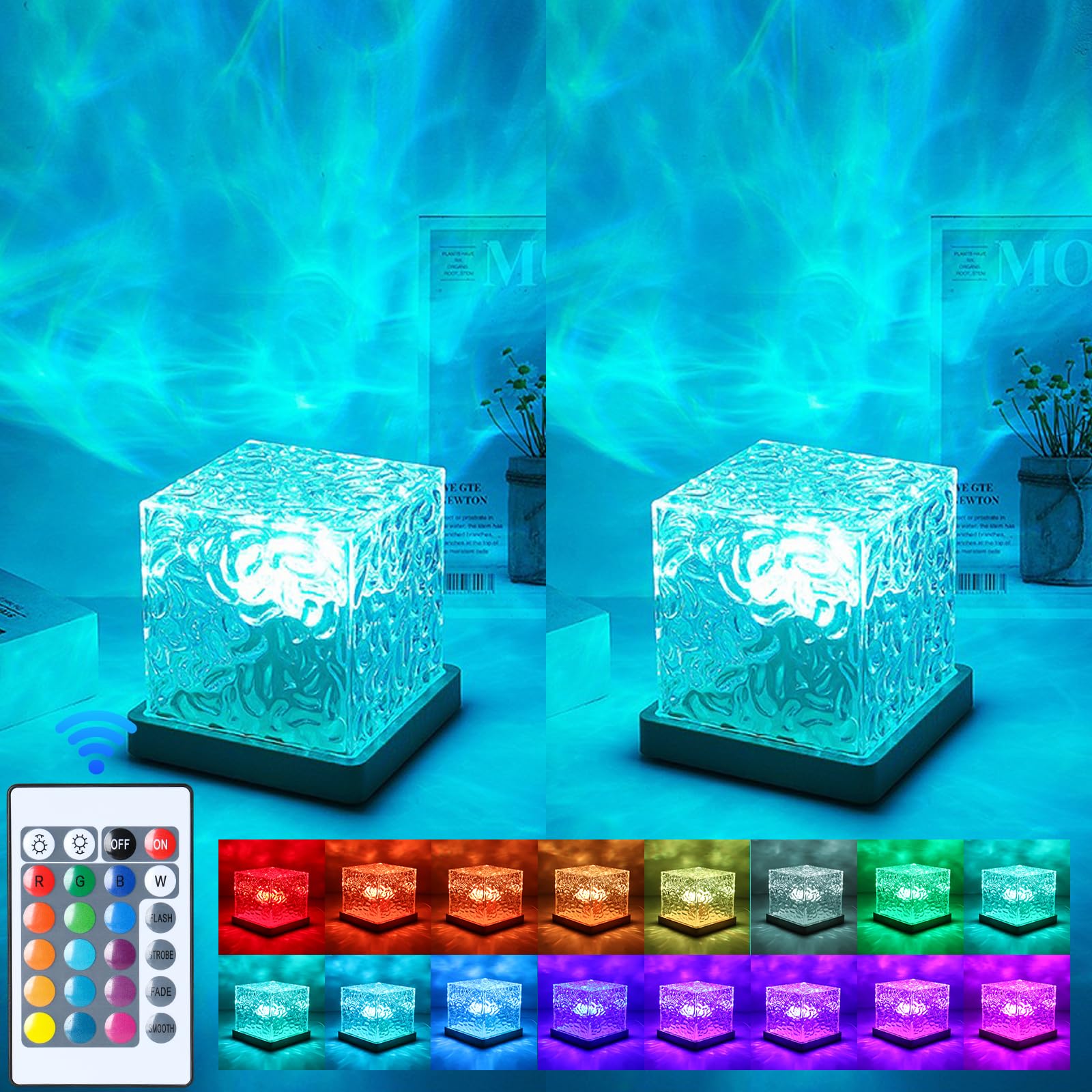 Avkast 2 Packs Cordless Luminorthe Cube Lamp,Aurora Glow Lamp Ocean Lamp Northern Lights Cube Ocean Wave Projector with 16 Color