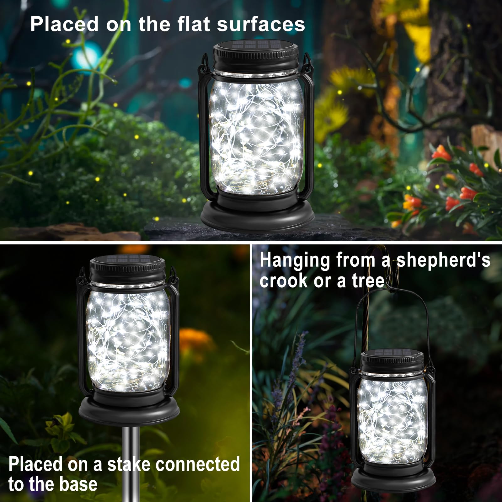 YJFWAL 4 Pack Hanging Solar Lantern Lights, Vintage Glass Mason Jar, Cool White, Waterproof Table Lamp for Patio, Model: fugu-cool white-4P