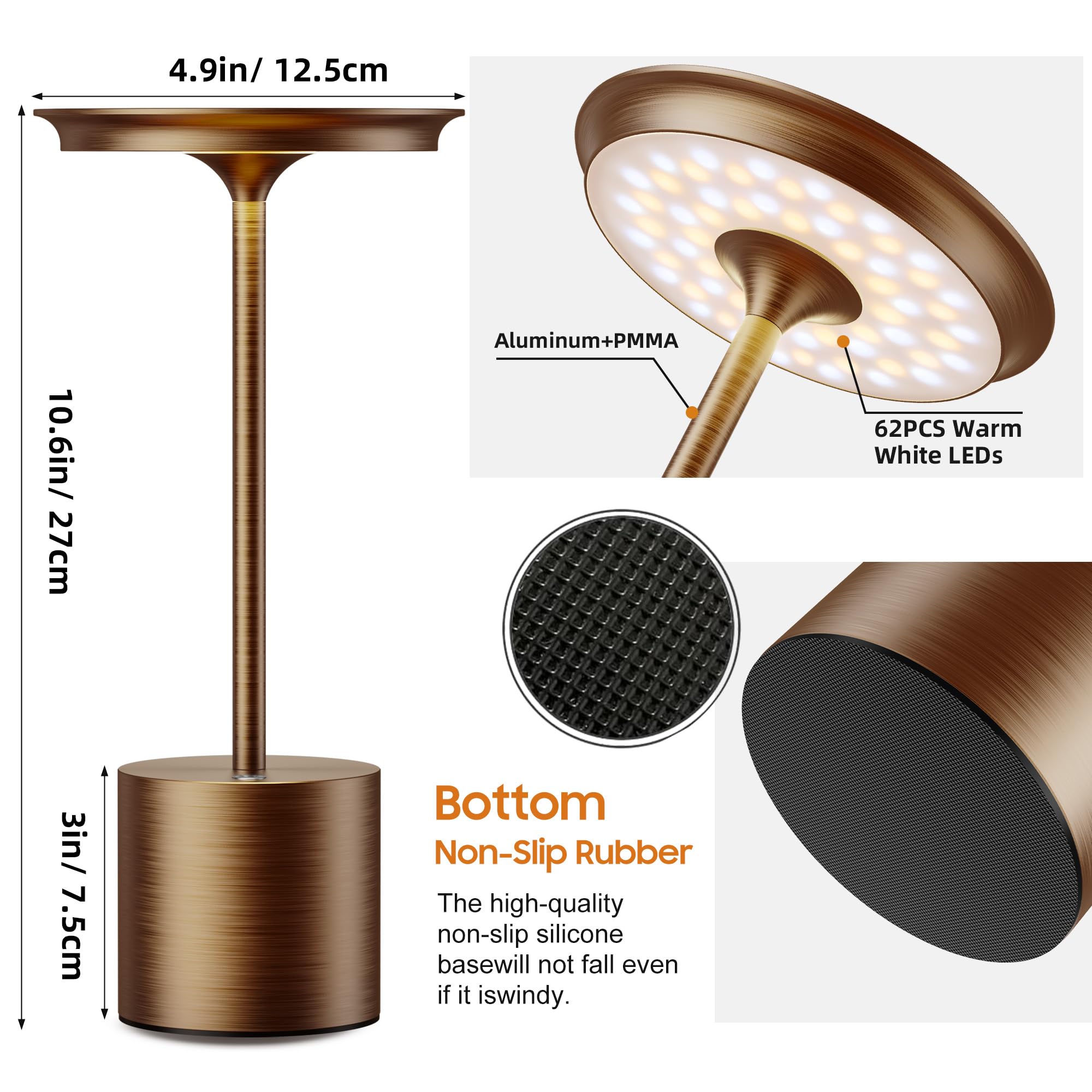Sikevht Cordless Table Lamp, 6000mAh Rechargeable, 3 Color Dimmable, LED Light, Aluminum, Bronze, Model S823