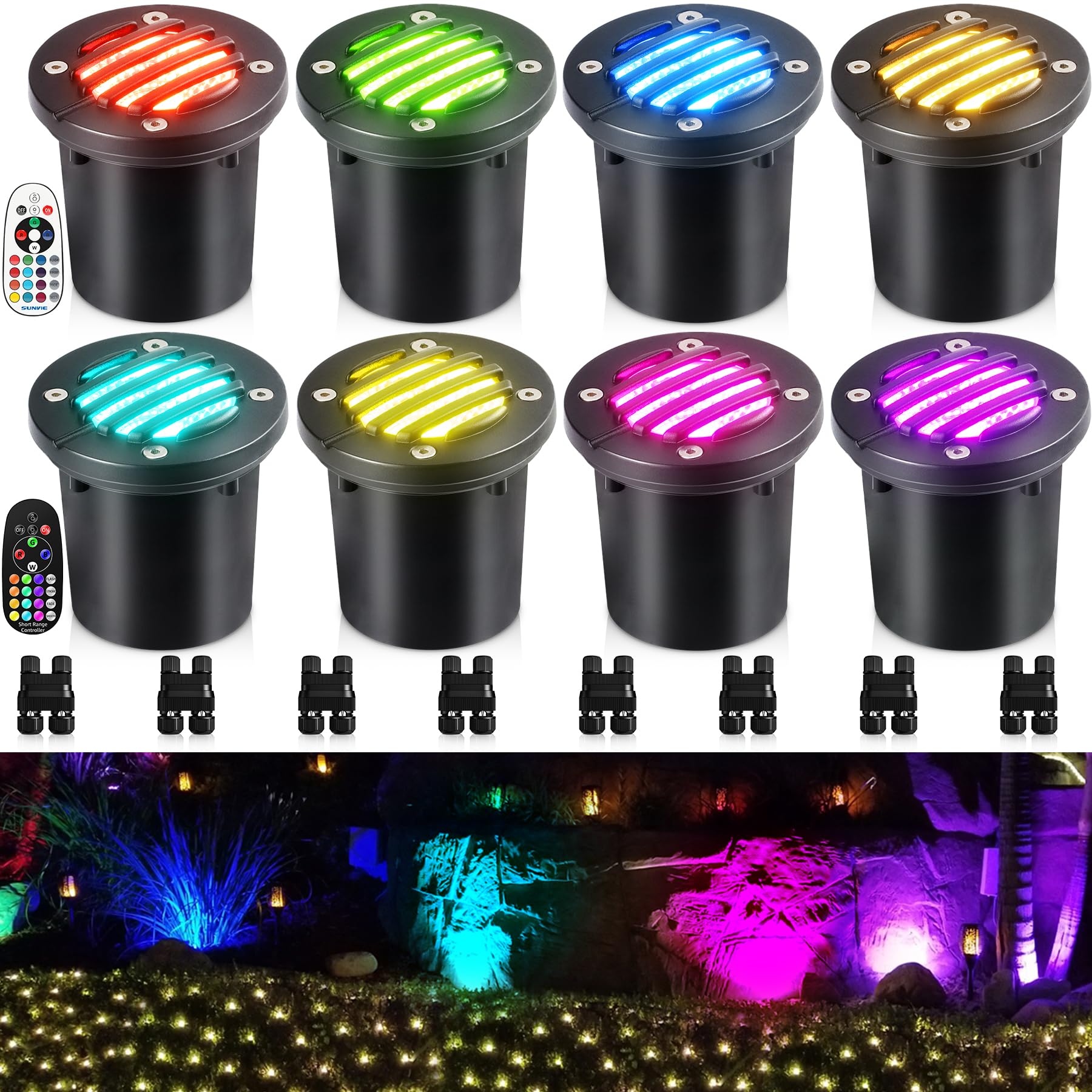 SUNVIE RGBW Well Lights - Landscape LED In Ground Lighting, 12-24V, Waterproof, Black, Model MDRG1208C, 8 Pack