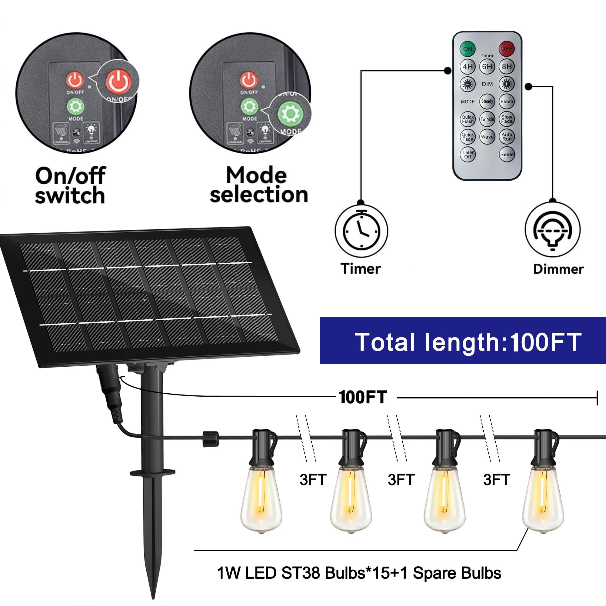 Stright Solar Powered String Light 100Ft With Remote Control 8 Light Modes, Weatherproof Shatterproof St38 Led Bulb 30 Sockets For Backyard Porch Cafe, Large Solar Panel