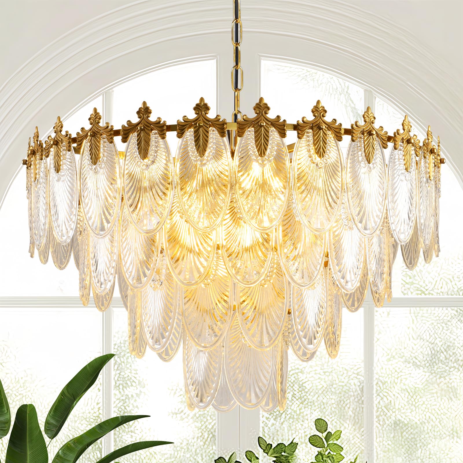 Keluoly Modern Large Crystal Chandelier, 4-Layer Gold Glass Chandelier, 12 Light Round Antique Ceiling Pendant Light, 31.5 Inchs