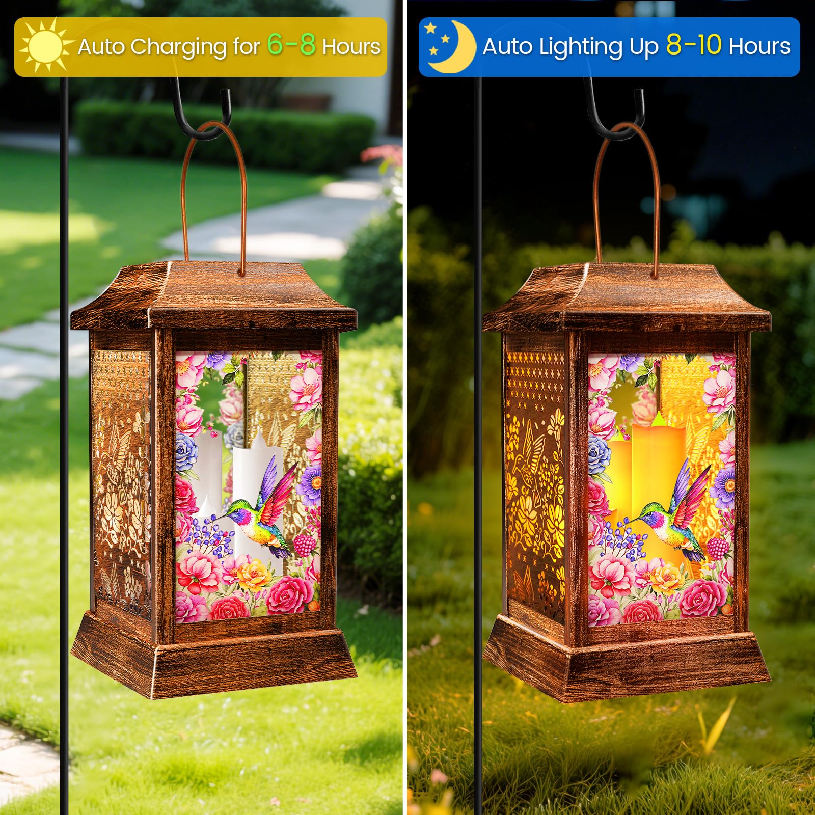 Hummingbird Solar Lanterns Outdoor Hanging Lanterns  Metal Glass Garden Decor Solar Lights  Gifts For Women Mom Birthday Grandma Mothers Day  Waterproof Decorative Lantern For Outside Patio Yard