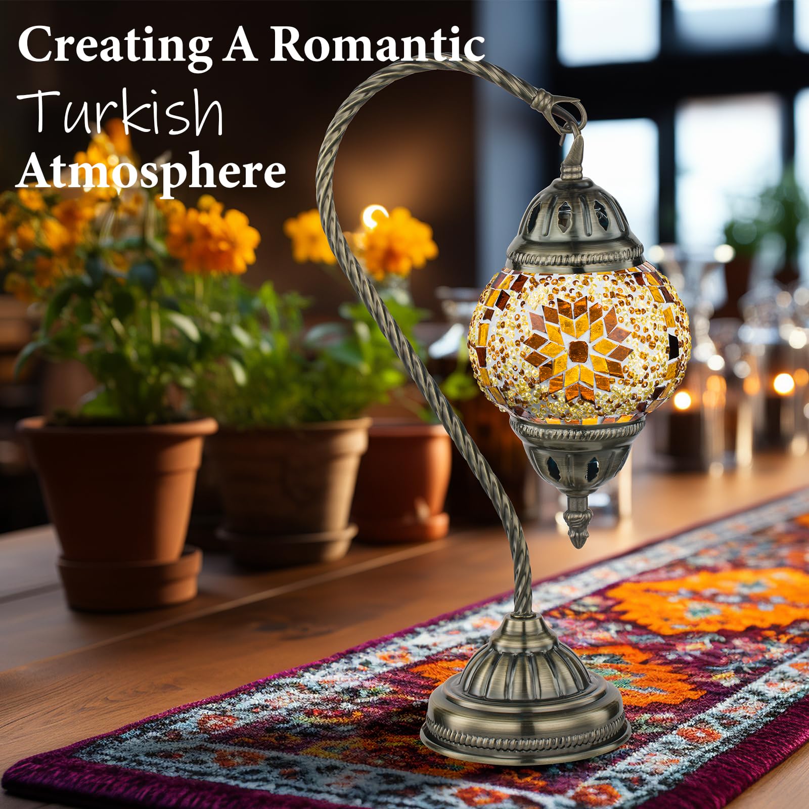 Marrakech Mosaic Glass Table Lamp - Handmade Turkish Design with Swan Neck Bronze Base, LED Bulb, Mosaic Yellow
