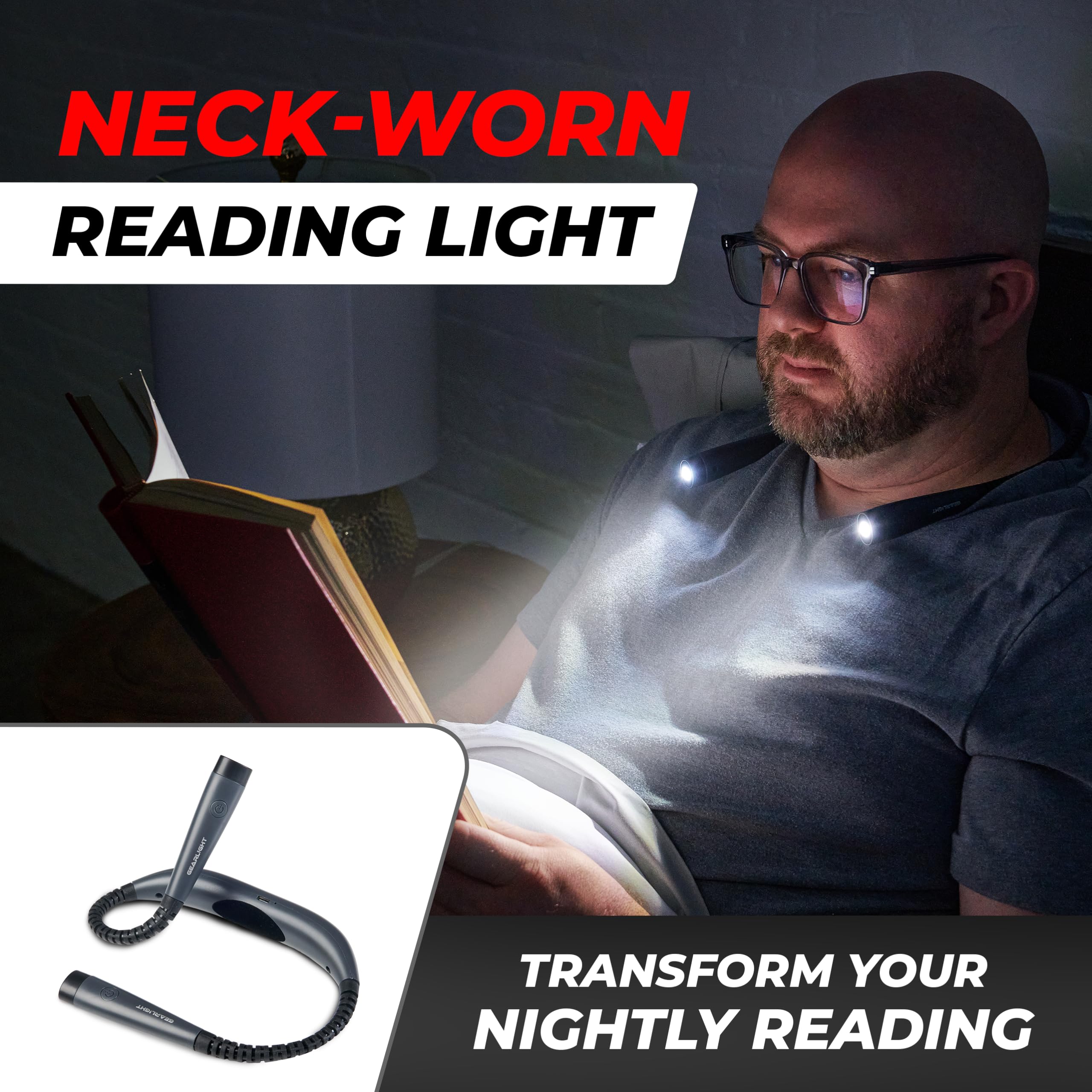 GearLight Hands-Free Rechargeable Book Light - Adjustable LED Lamp, 3 Light Modes, Gray, 1-Pack, Model GLT-TOH-BOOKLIGHT