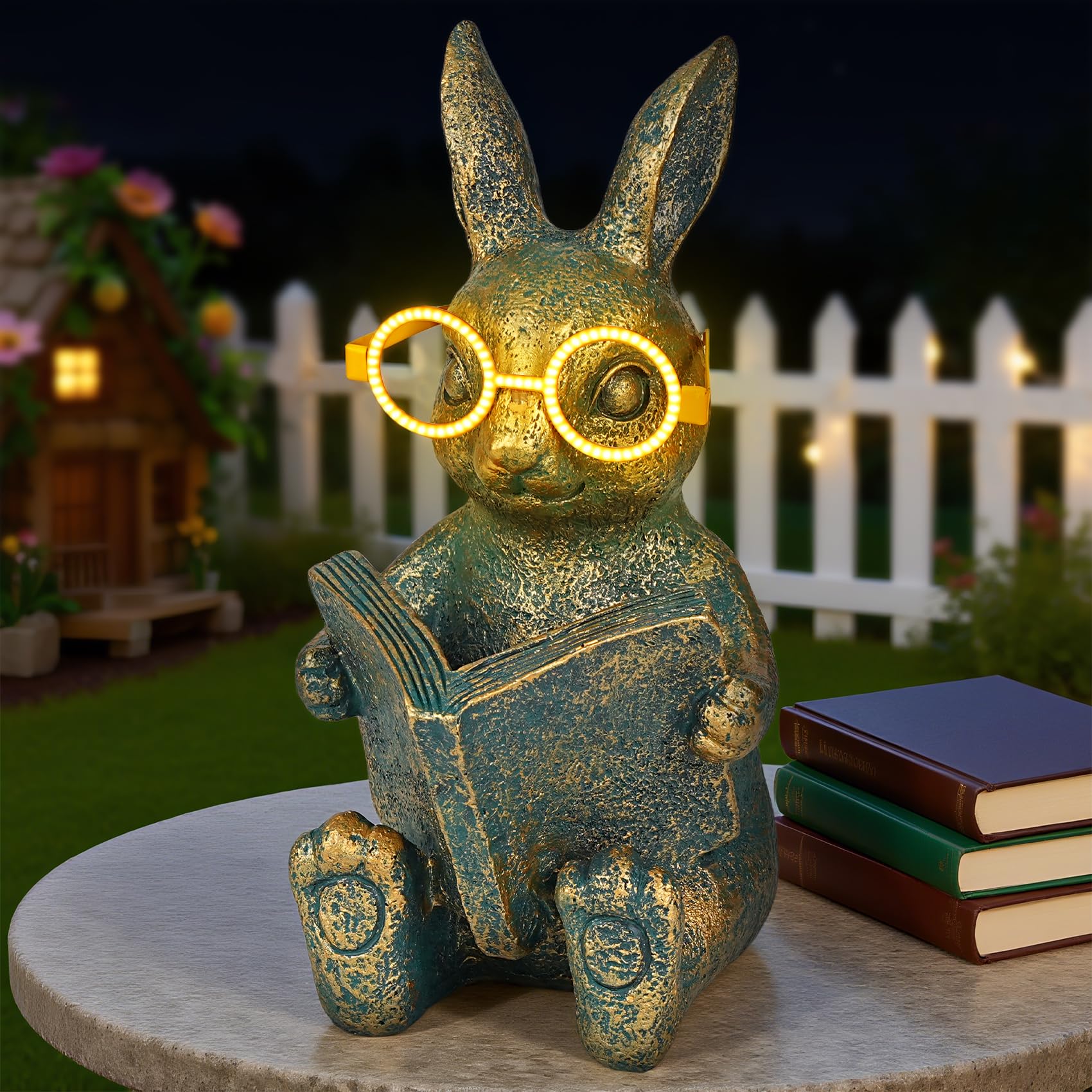 zuzuzen Solar Garden Decor, Adorable Rabbit Statue with Solar-Powered Glasses, Outdoor Bunny Figurine Lights for Patio, Yard & B