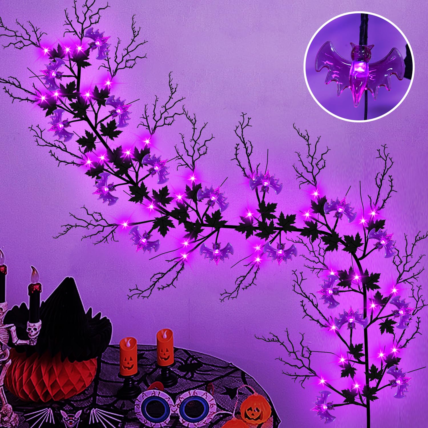 6Ft Halloween Willow Vine Lights Battery Operated Halloween Lights Purple Halloween Garland Decor with 18 Bats & 54 LED Bulbs, f