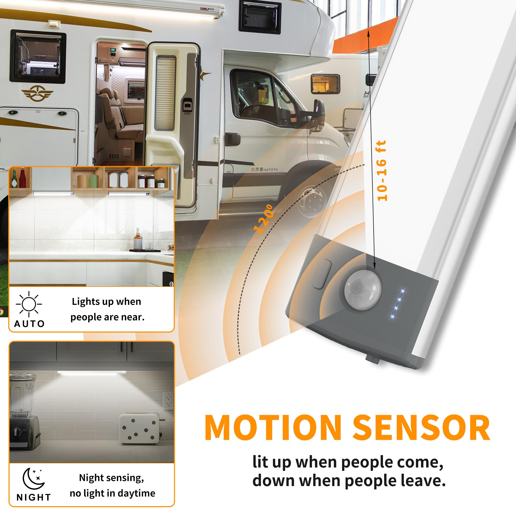 LIGHTULIFE 2PCS RV Step Light, Motion Sensor, 46 LED, Adjustable 3 Colors, USB Rechargeable, White, Model DI046