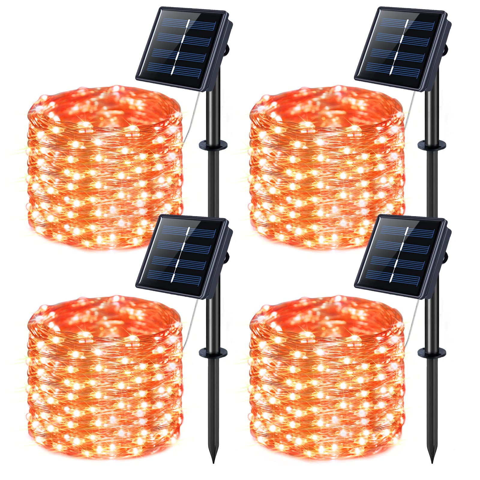 JMEXSUSS 100 LED Solar Halloween Lights, 4 Pack 33ft Copper Wire, Waterproof Orange Fairy String Lights for Garden Yard Decor