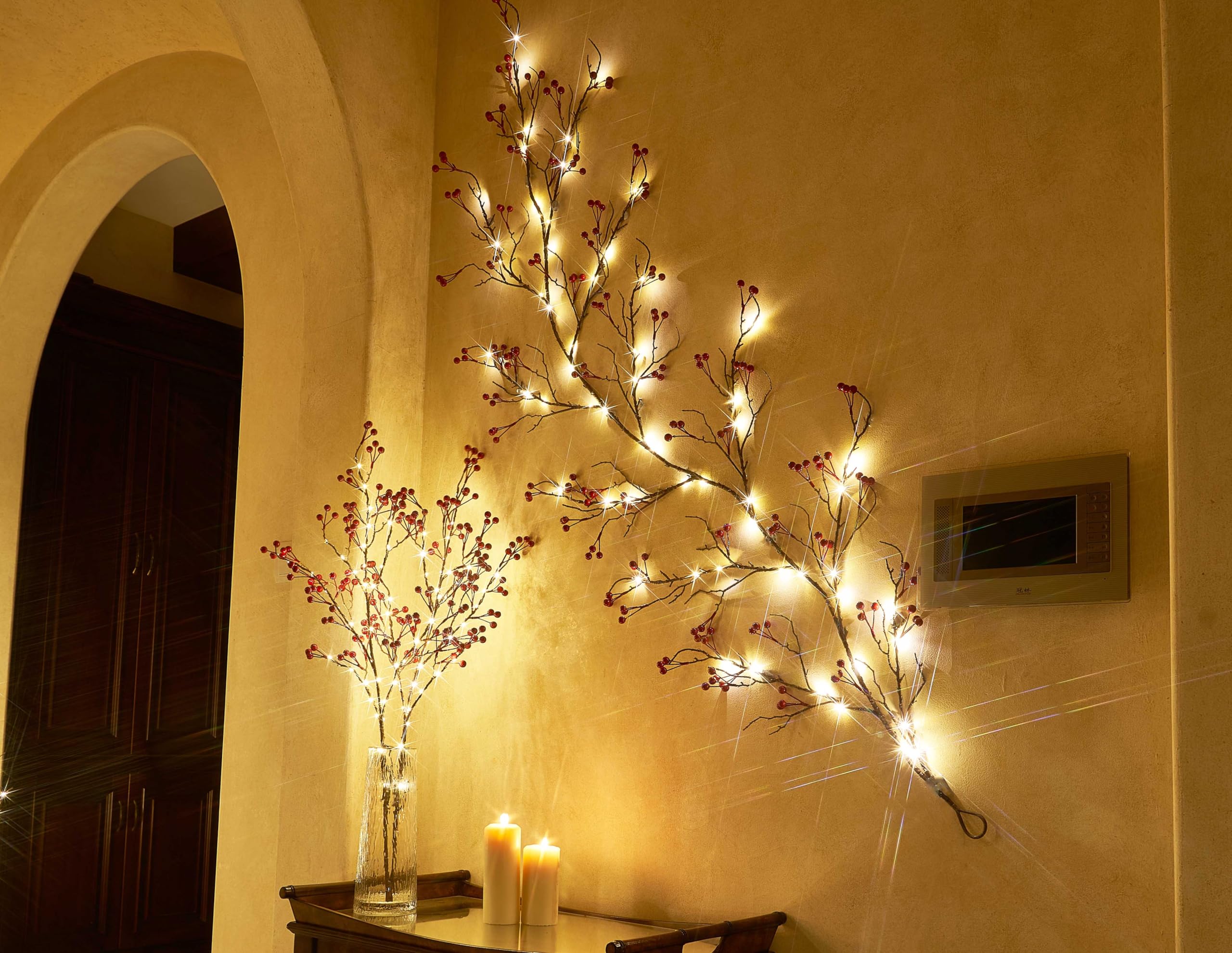 Litbloom Lighted Red Berry Branches 80 Led Fairy Lights With Timer, Twig Branches With Lights 32In Battery Operated And Usb Plug In For Home Fireplace Christmas Decoration