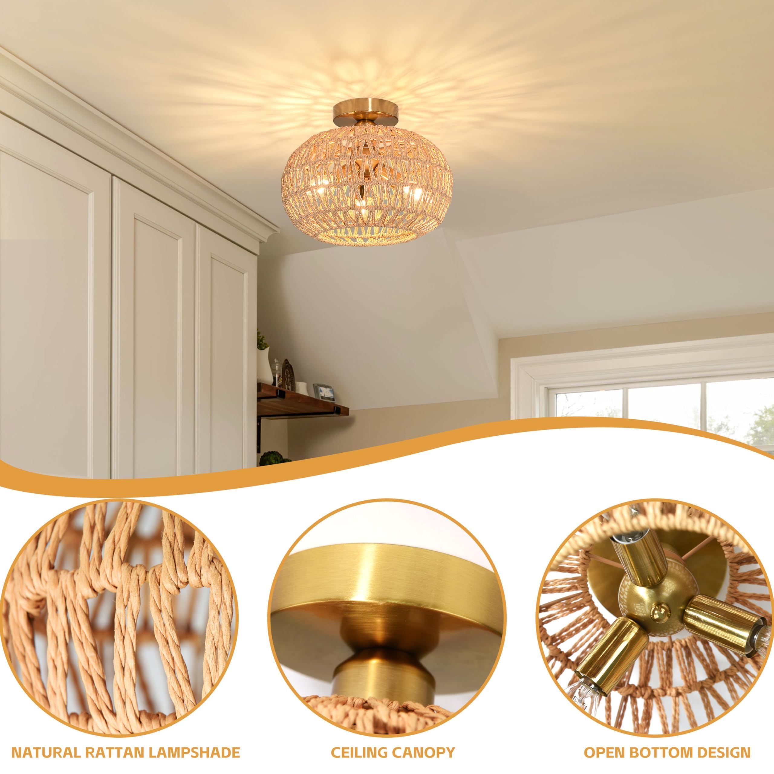 Ayshwilldec 11.8'' Rattan Light Fixture 3-Lights Boho Semi Flush Mount Ceiling Light Rattan Close To Ceiling Light Farmhouse Lig
