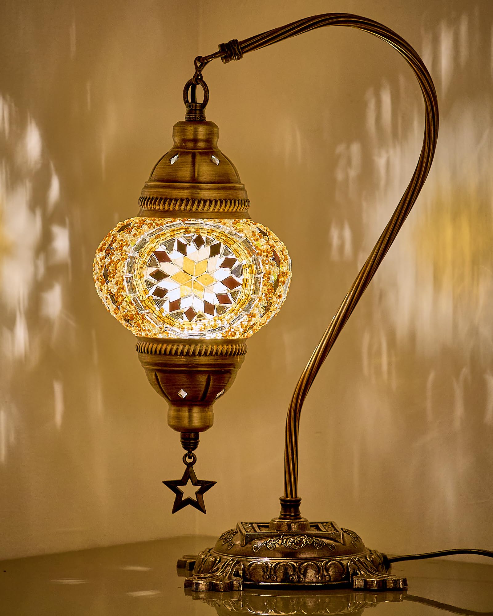DEMMEX Turkish Moroccan Mosaic Table Lamp – Handcrafted Tiffany-Style, 15in H, Amber Brown, Model DEMMEXLAMP, Boho Accent Lighting