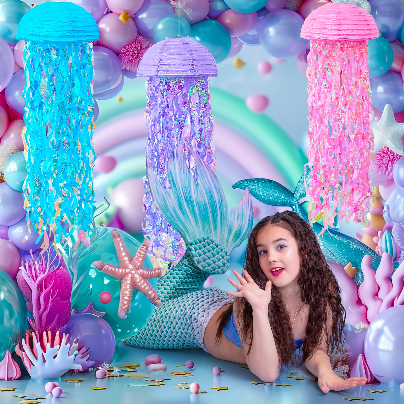 Adlkgg Pink Purple Blue Jellyfish Paper Lanterns, Under The Sea Party Decorations, Hanging Jelly Fish For Mermaid Ocean Themed B