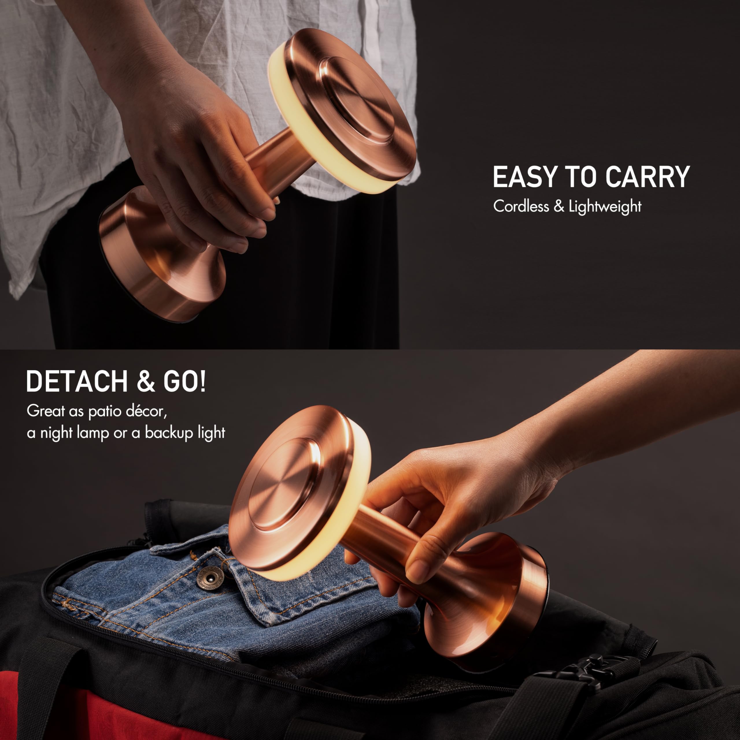 OBright Portable LED Table Lamp, Touch Sensor, 3 Levels Brightness, Rechargeable, Rose Gold, Model OB-TL01B