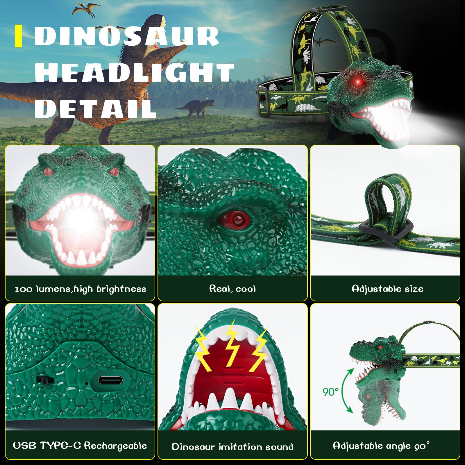 Dysaim Kids Headlamp,Rechargeable T-Rex Dinosaur Headlamp For Kid And Led Head Lamp Camping Gear Flashlight,Hiking Accessories H