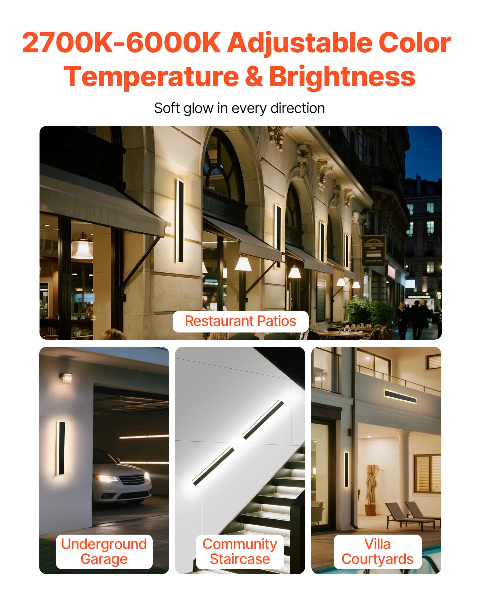 VEVOR Outdoor Wall Lights, Modern Exterior Sconce, Dimmable, 23.6 Inch, Black and White, IP65 Waterproof, Model VB20-D-2, 2 Pack