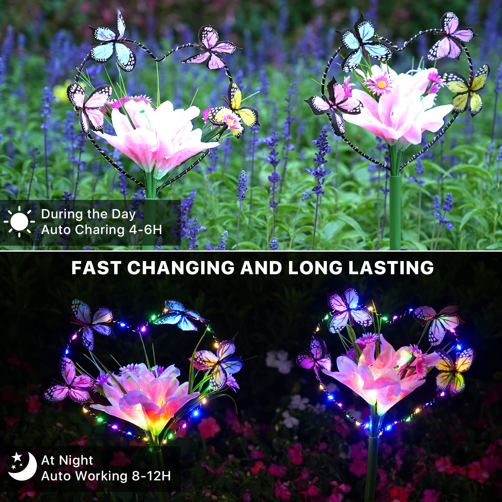 Aukora Solar Garden Lights - Waterproof Heart-Shaped Design With Butterflies & 7 Color Changing Leds - 2-Pack, Multicolor