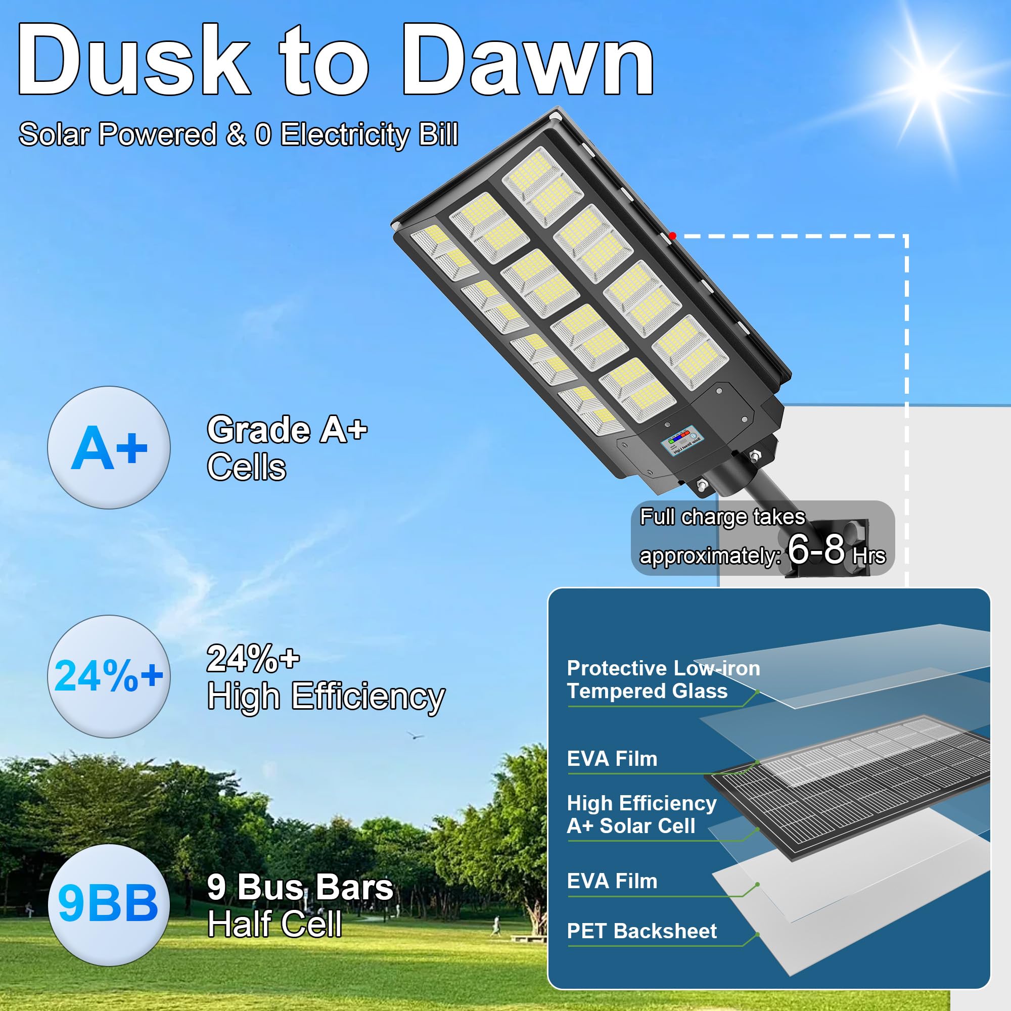 Jadisi 8000W Solar Street Lights 8-Pack, Waterproof Dusk to Dawn, Motion Sensor, Remote Control, Black, 1920000LM