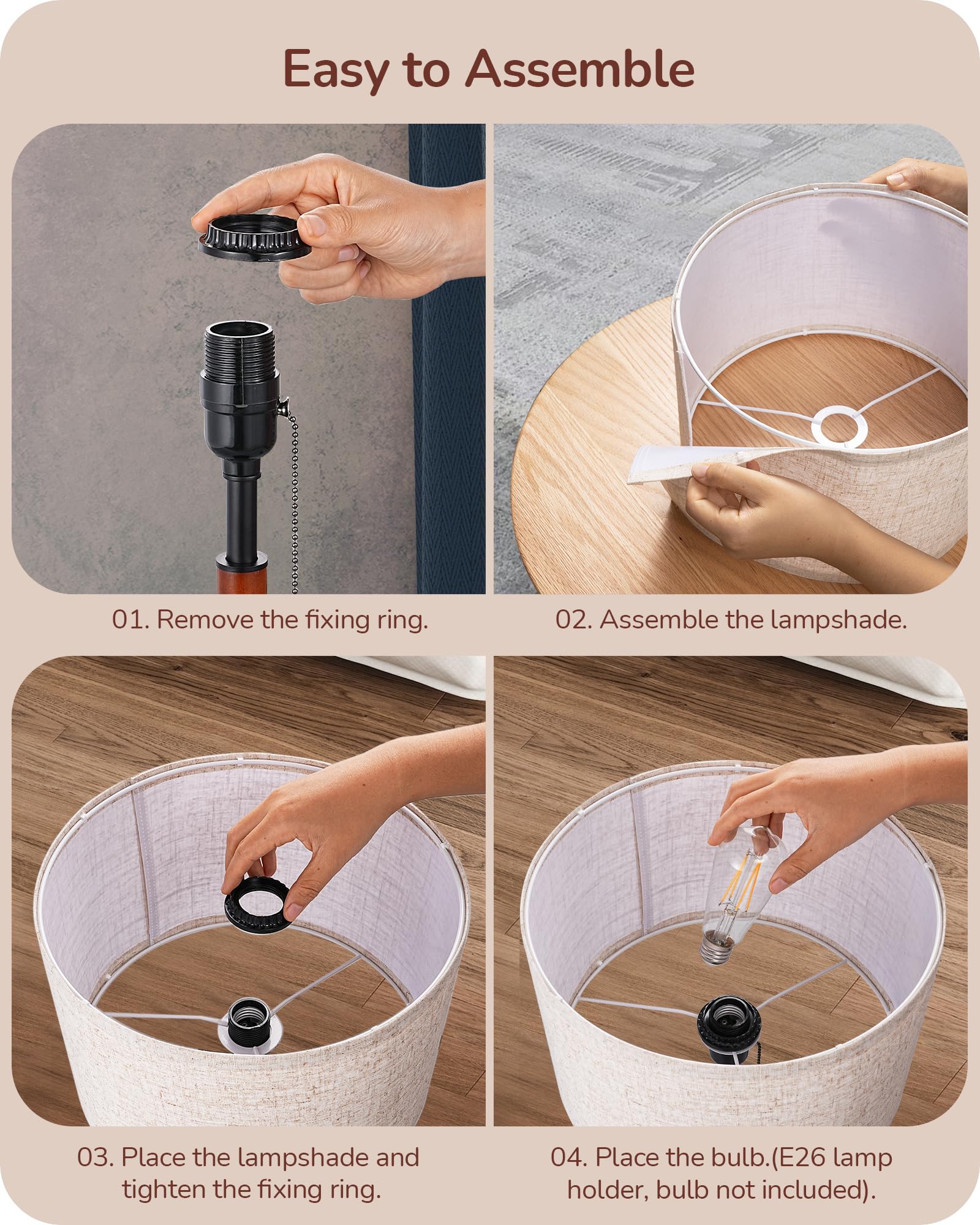 Edishine Mid Century Table Lamp Set Of 2, Pull Chain Switch Bedside Lamp, Linen Shade, Solid Wood Pole & Black Metal Base, Moder