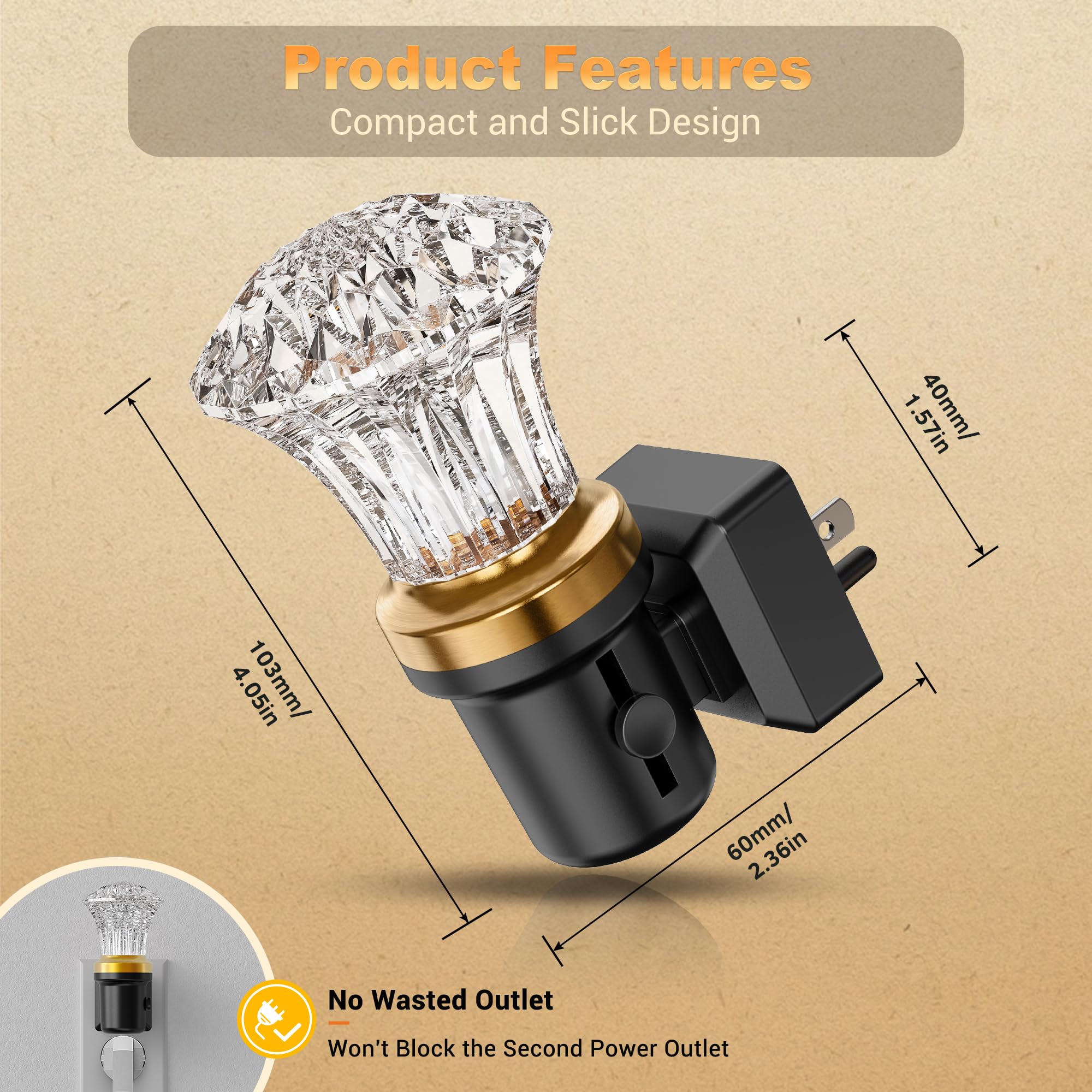 JandCase Dimmable Night Lights, 2 Pack, Auto Light Sensor, Adjustable Brightness, 3000K LED, Clear, Model C-GY22004DMUS-2