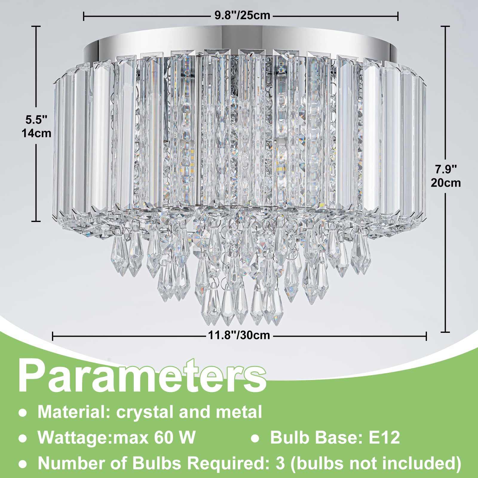 HOPGGIE Crystal Chandelier Light Fixture, 11.8 Inch Semi Flush Mount, Chrome, Model HJ-019 for Bedroom, Hallway, Kitchen