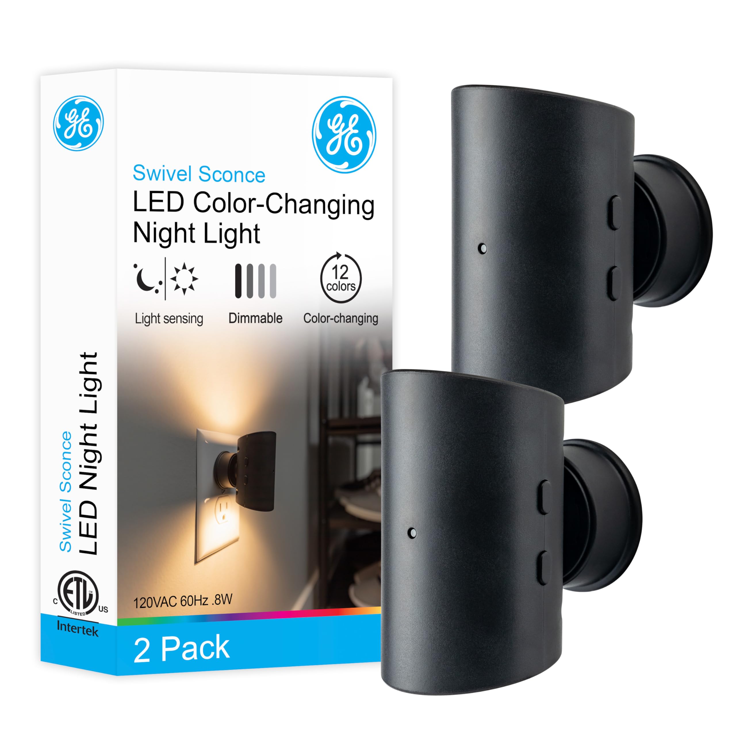 GE Directional Swivel Sconce Night Light, Color-Changing, Dimmable, 2 Pack, Black, Model 83591