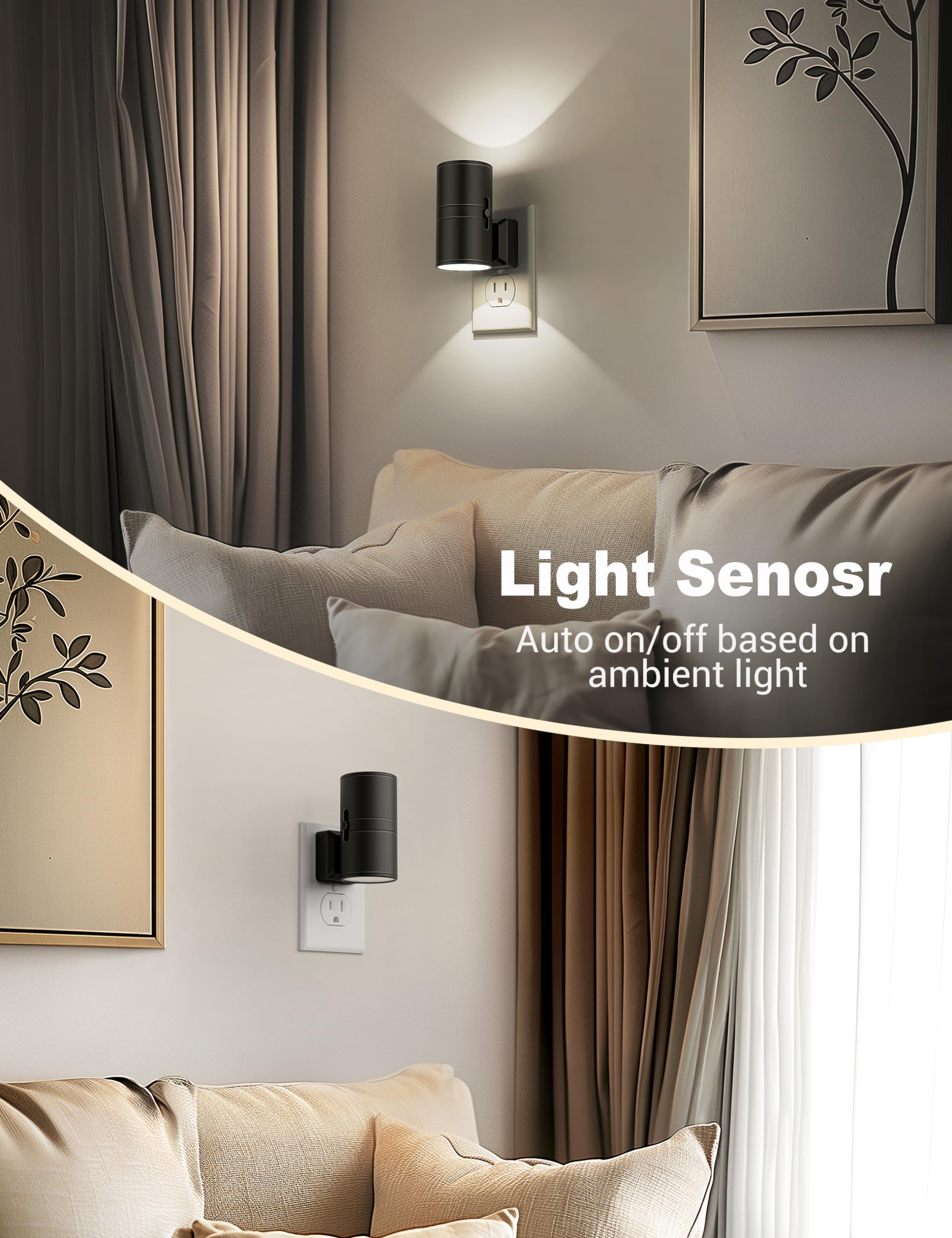 JandCase Dimmable Night Light Plug-in with Dusk to Dawn Sensor, Soft White 5000K, Adjustable Brightness, 2 Pack, White - Black Shade