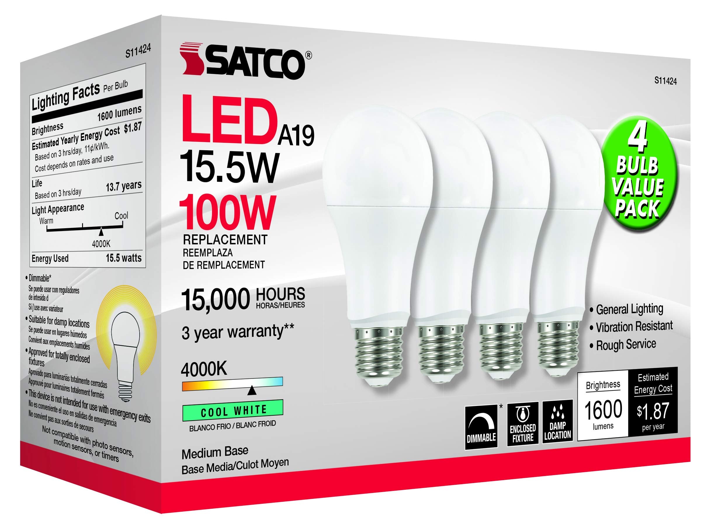 Satco 4.57 Inch 15.5W A19 Led Medium Base Replacement Lamp (Pack Of 4)-4000 Color Temperature-Frosted Finish