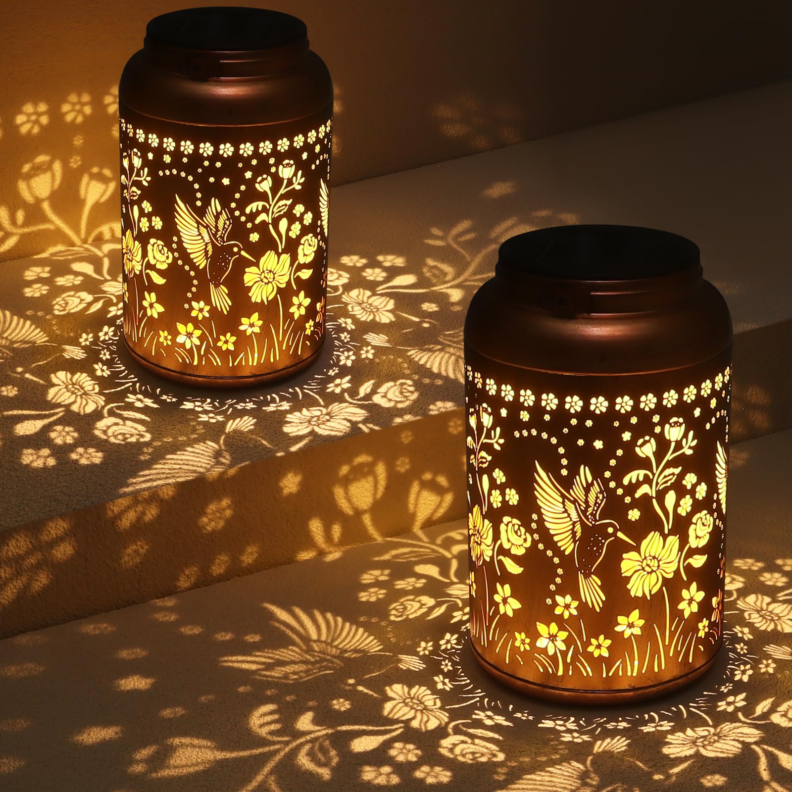 Tepaken 2 Pack Solar Lanterns Outdoor Waterproof, Hummingbird Garden Decor Gifts For Women Mom Grandma Hanging Solar Lights Metal Solar Decoration Outside For Yard, Patio, Lawn, Pathway, Landscape