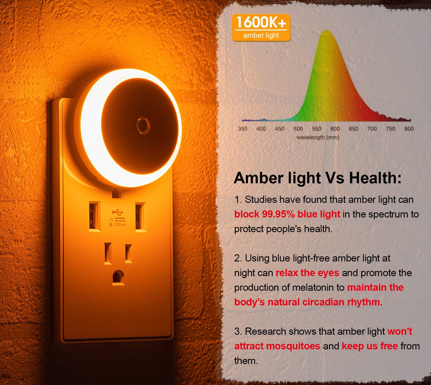 myCozyLite Amber Night Light, LED Plug-in Nightlight with Dusk to Dawn Sensor, Energy Efficient, 2 Pack for Bedroom, Bathroom, Kitchen
