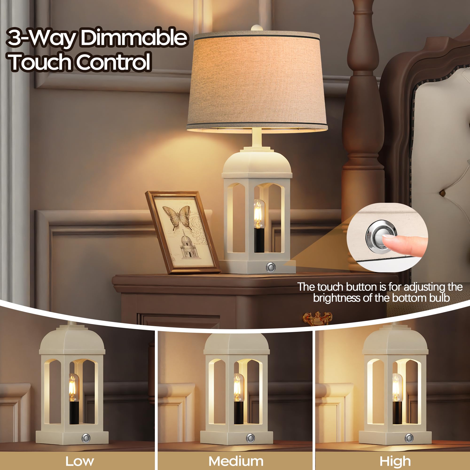 QiMH Table Lamp Set of 2, Rustic 26in White Nightstand Lamps with USB A+C, 3-Way Dimmable Touch Control
