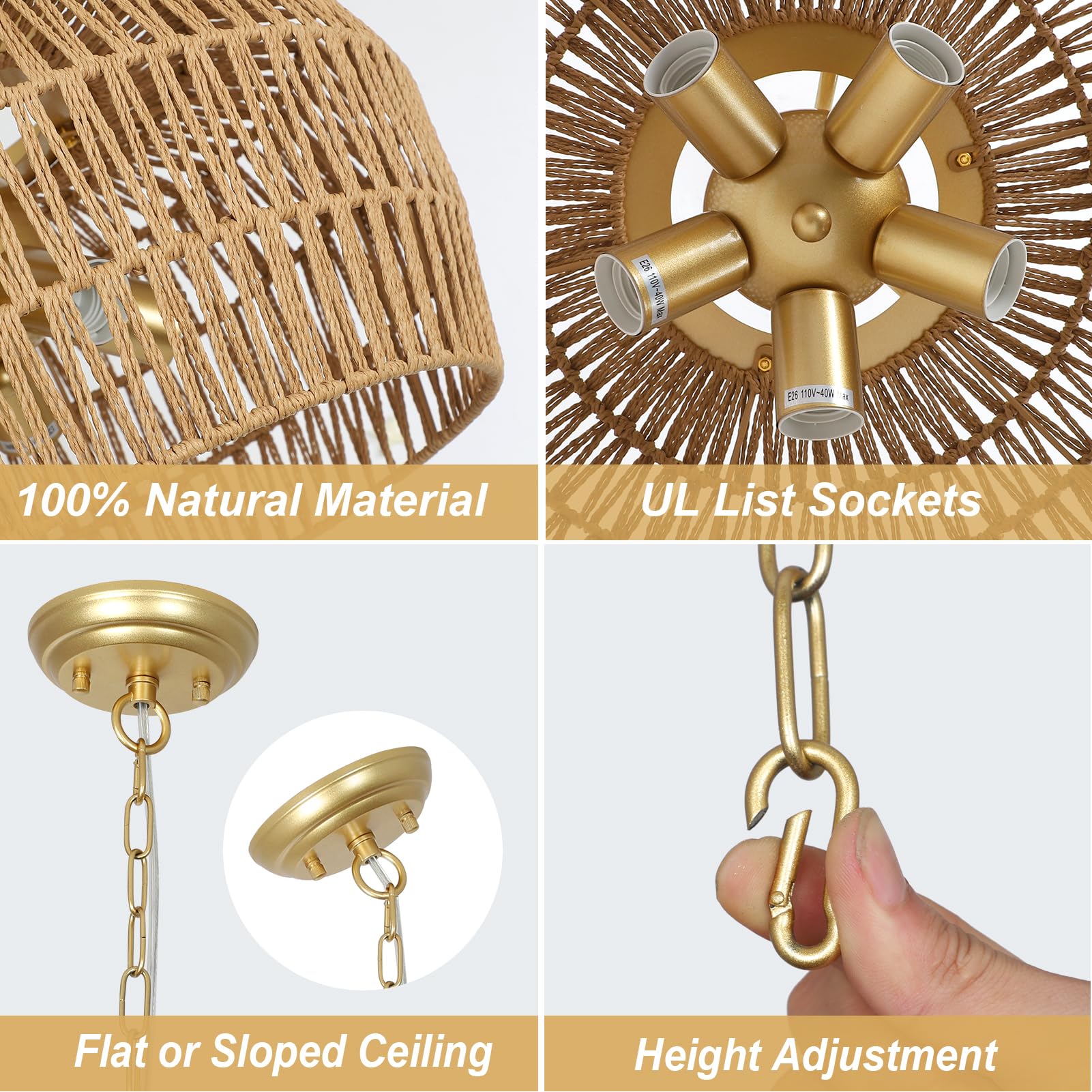 Gold Rattan Chandelier For Dining Room, 5-Light Boho Dining Room Light Fixture With Wicker Lampshade, Large Brass Pendant Hangin